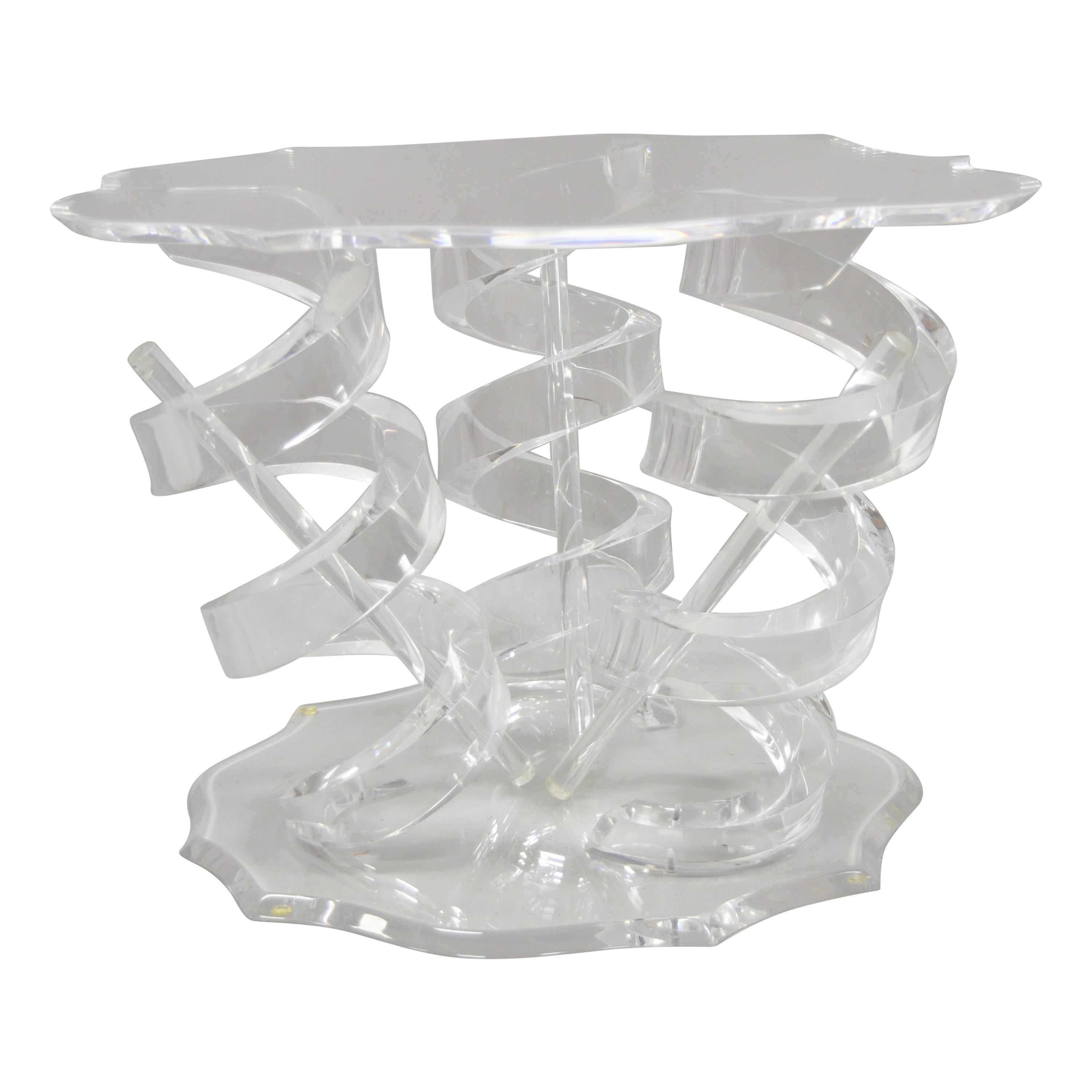 Table basse mi-siècle moderne en lucite à base spiralée à ressorts hélicoïdaux