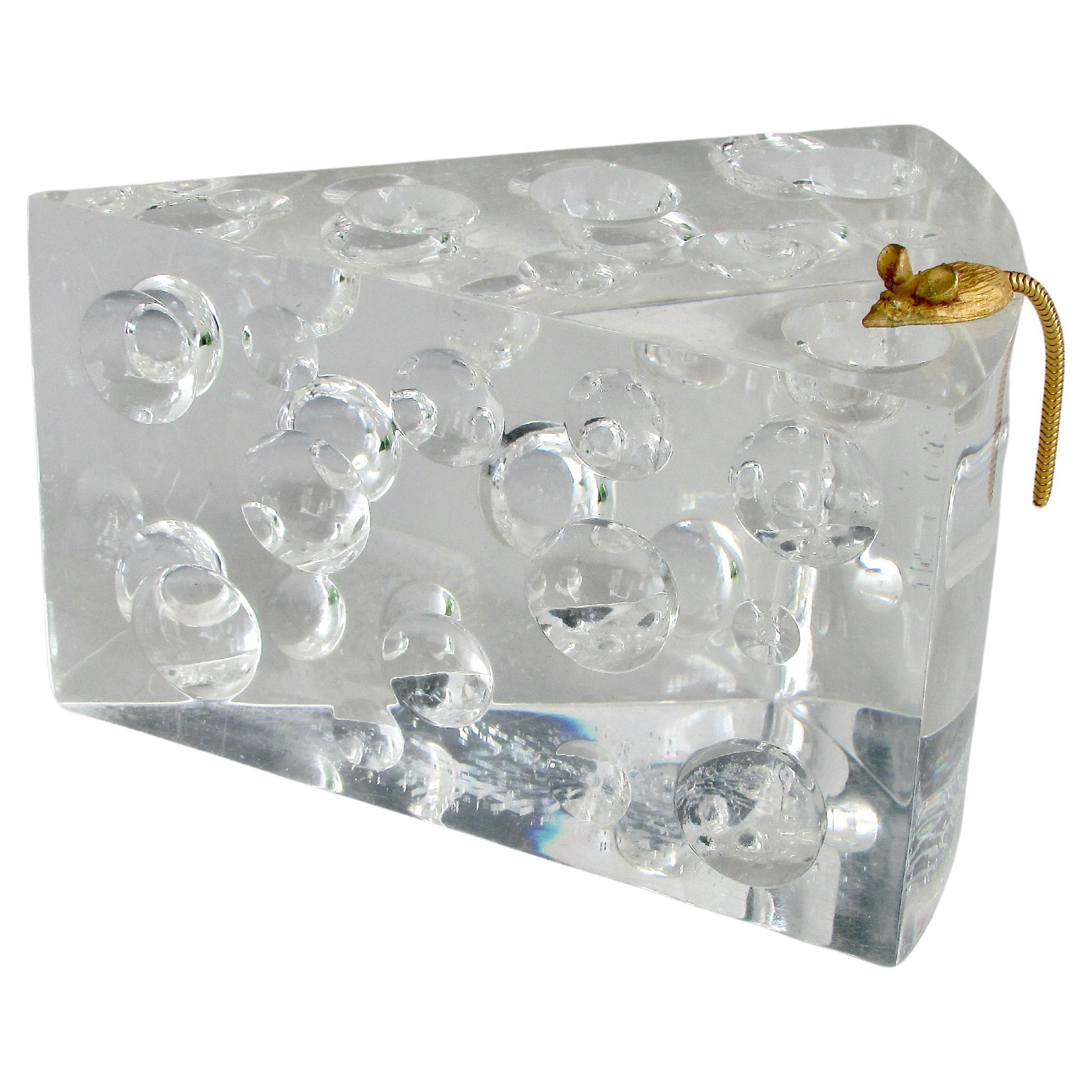 Lucite Swiss Cheese With Gold Mouse Desktop Sculpture For Sale