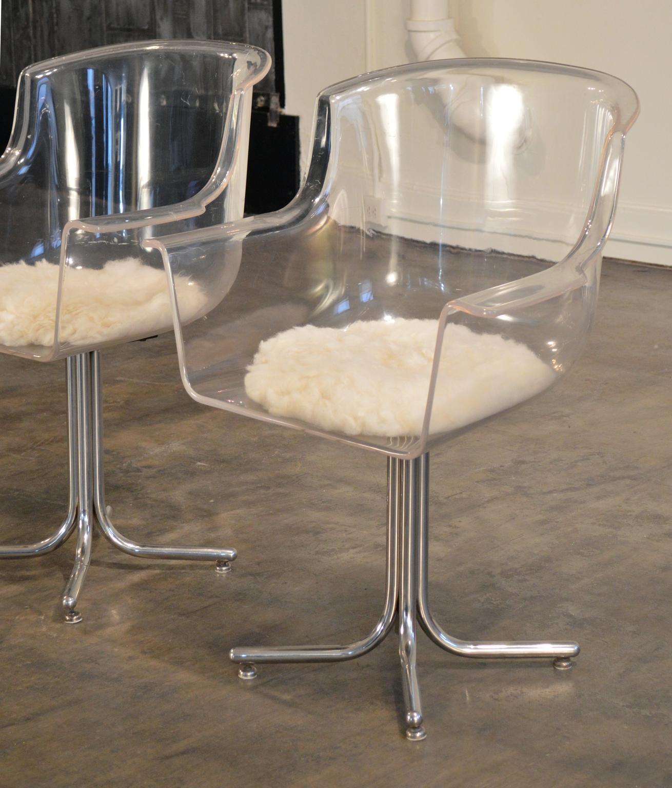 Chrome Lucite Swivel Armchairs by Leon Rosen for Pace