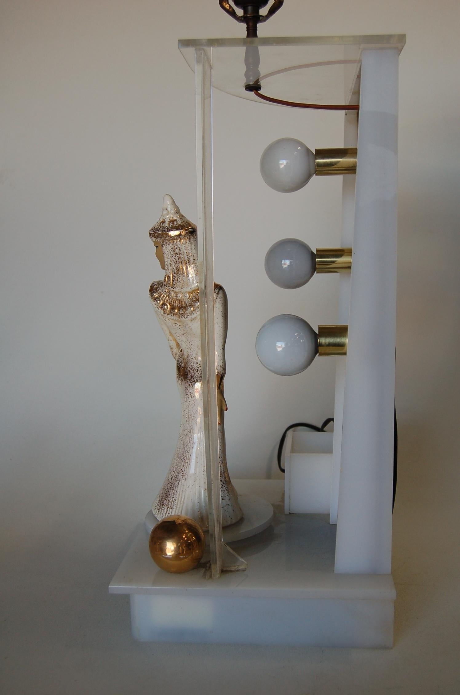 American Lucite Table Lamp by Moss Lighting with Ceramic Figurine by Hedi Schoop For Sale