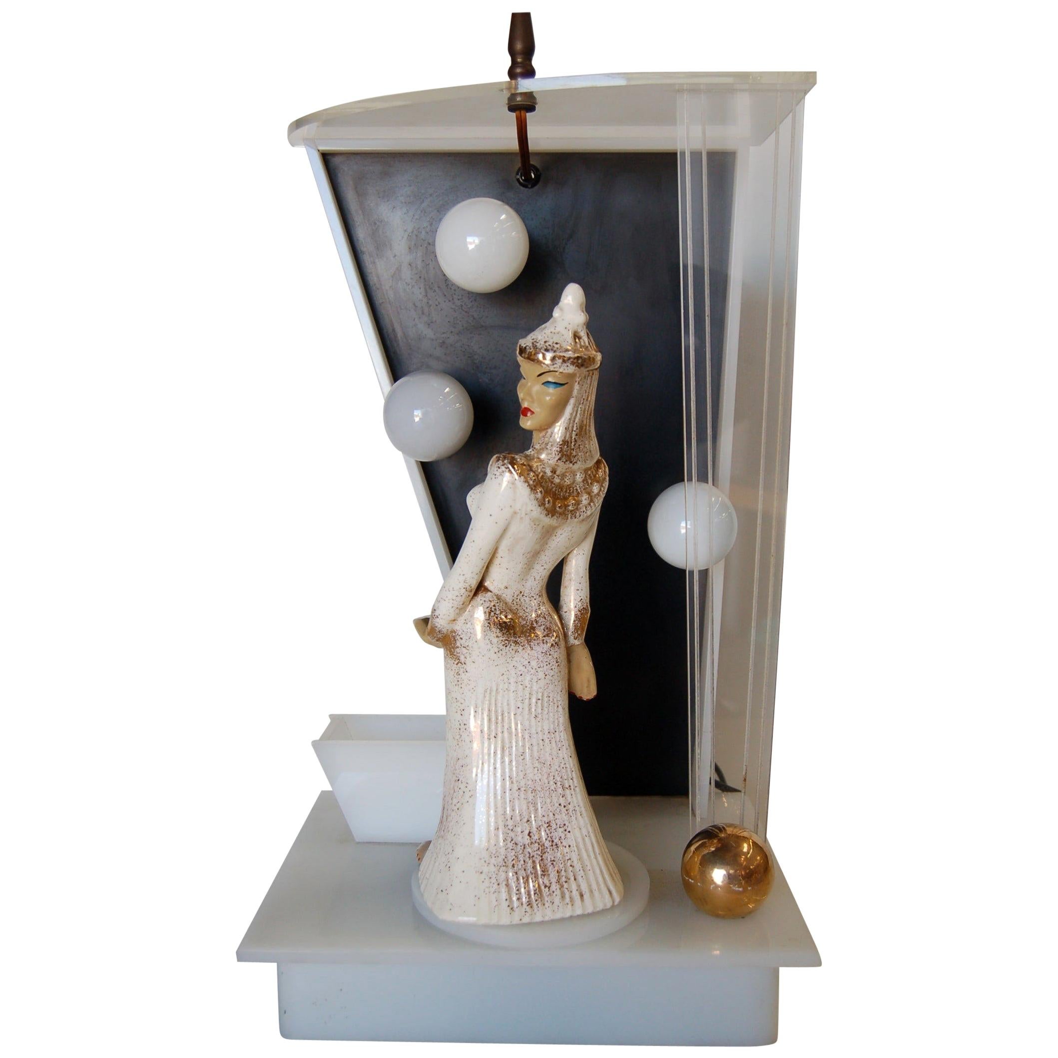 Lucite Table Lamp by Moss Lighting with Ceramic Figurine by Hedi Schoop For Sale