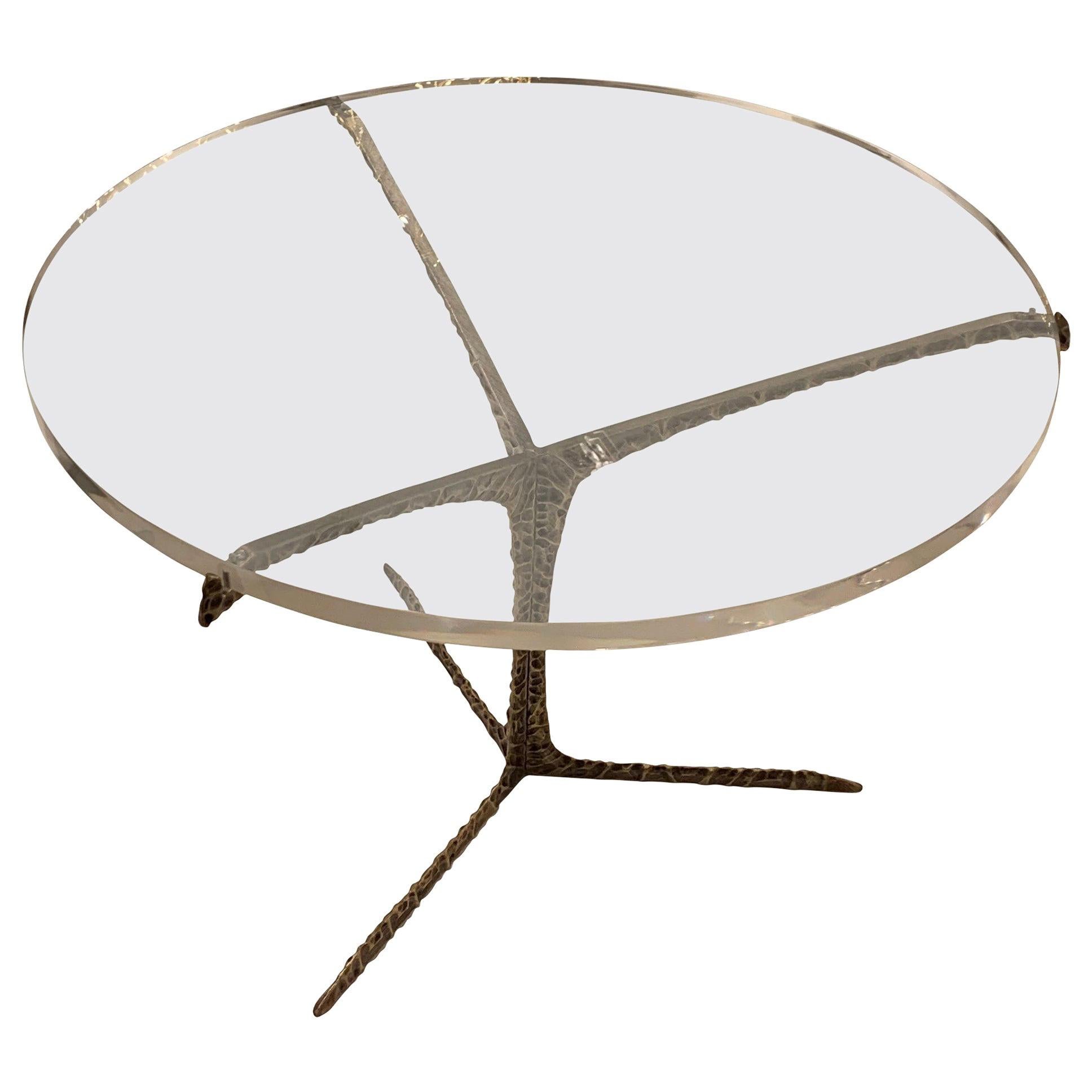 Lucite Top, Hammered Brass Base Coffee Table, Portugal, Contemporary