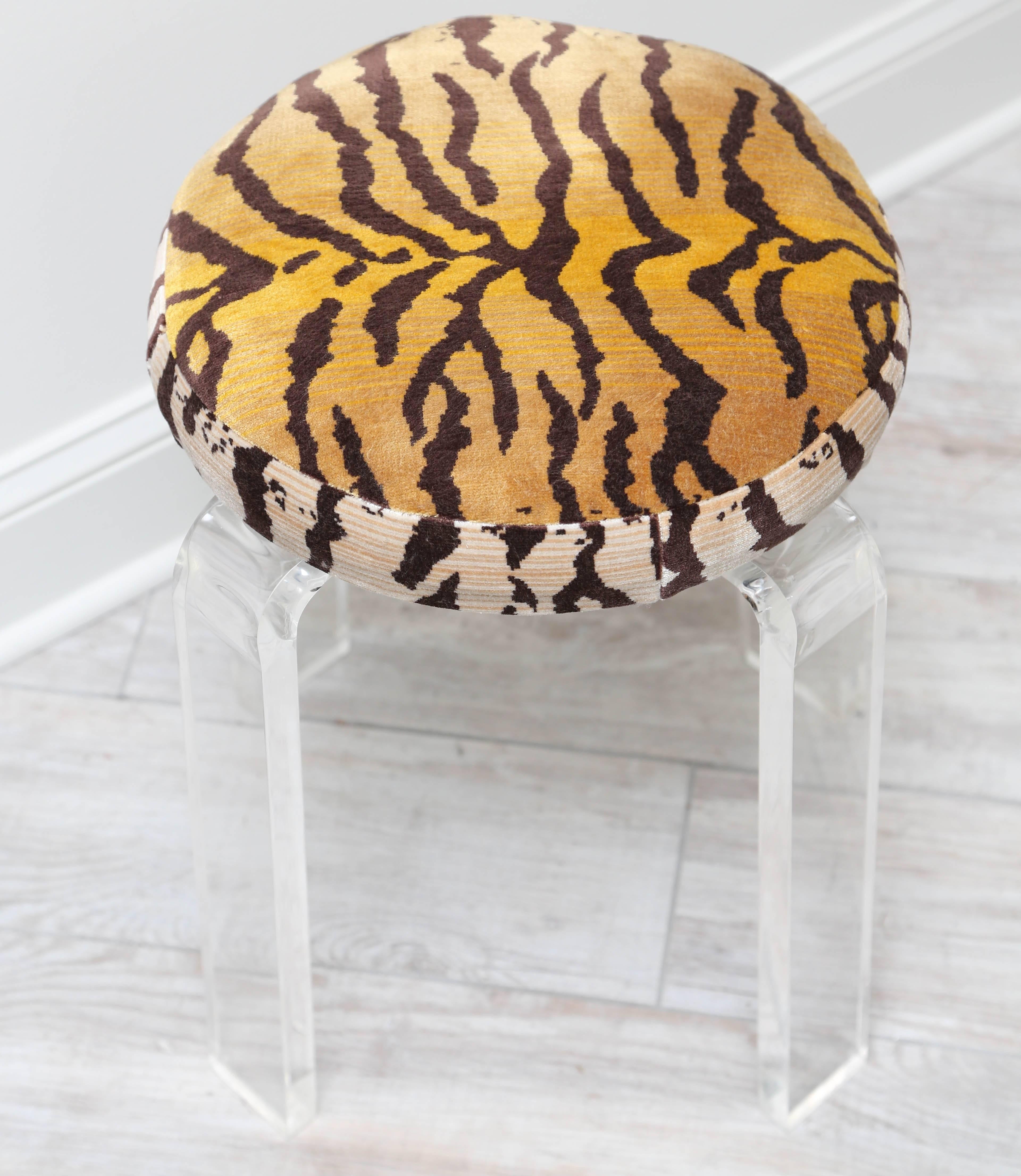 Midcentury Lucite vanity stool newly upholstered with Scalamandre tiger velvet fabric.