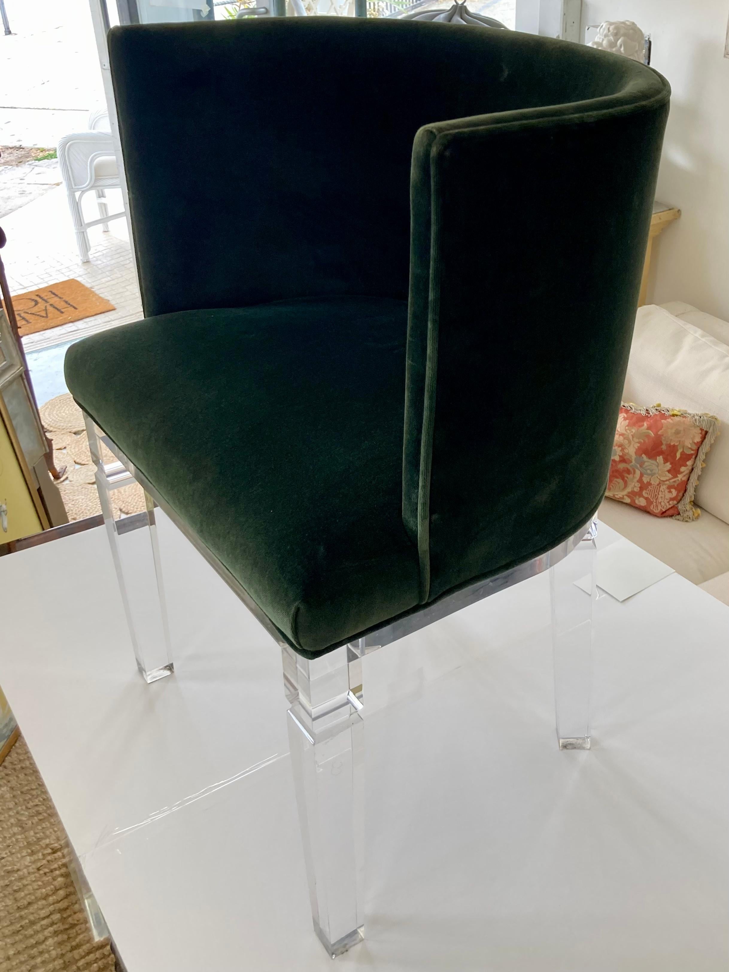 Fabric Lucite Vintage Upholstered Occasional Chair With Barrel Back For Sale