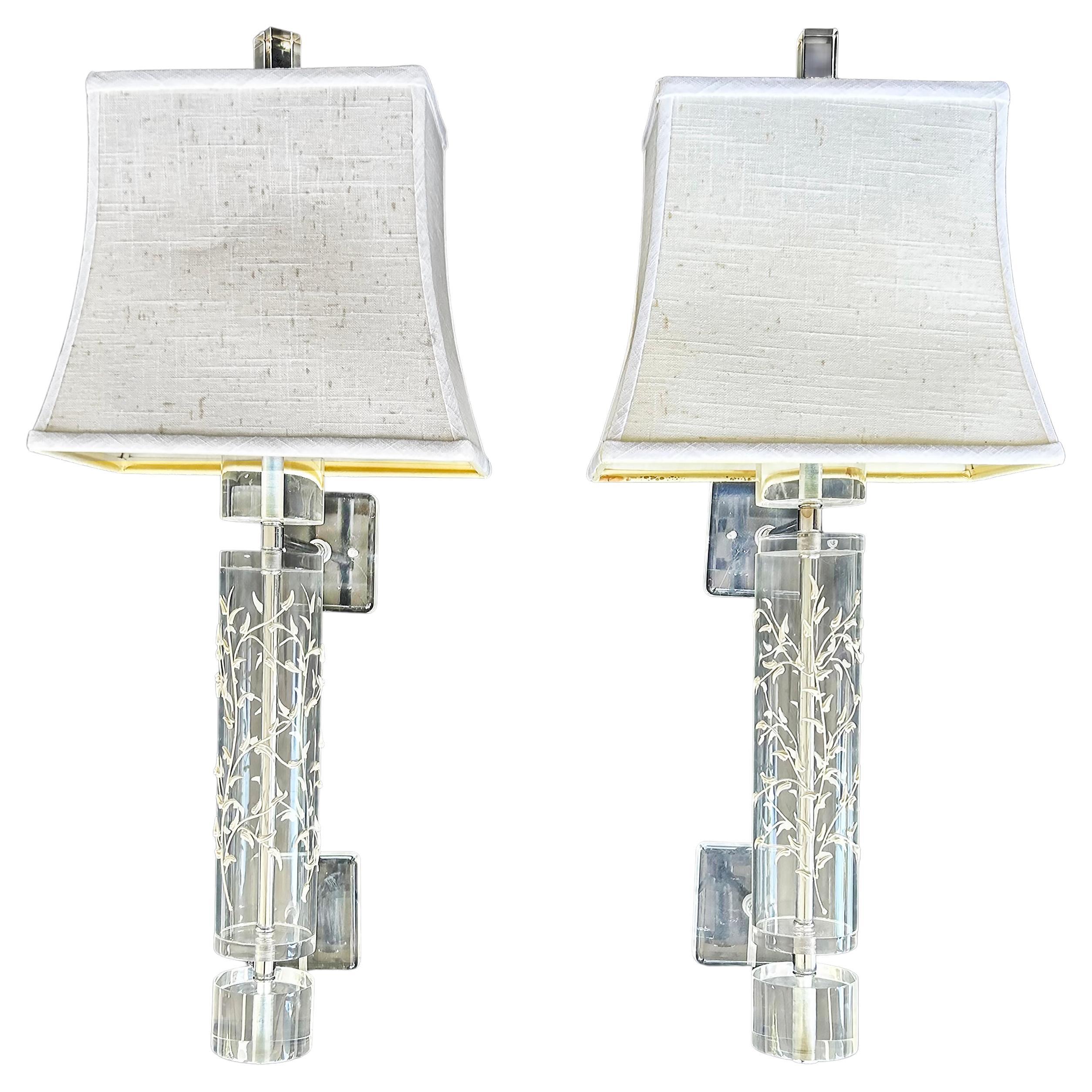 Vintage Lucite Wall Sconces Raised Enamel Decoration, Finials and Shades, Pair For Sale