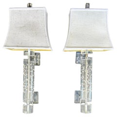 Vintage Lucite Wall Sconces Raised Enamel Decoration, Finials and Shades, Pair