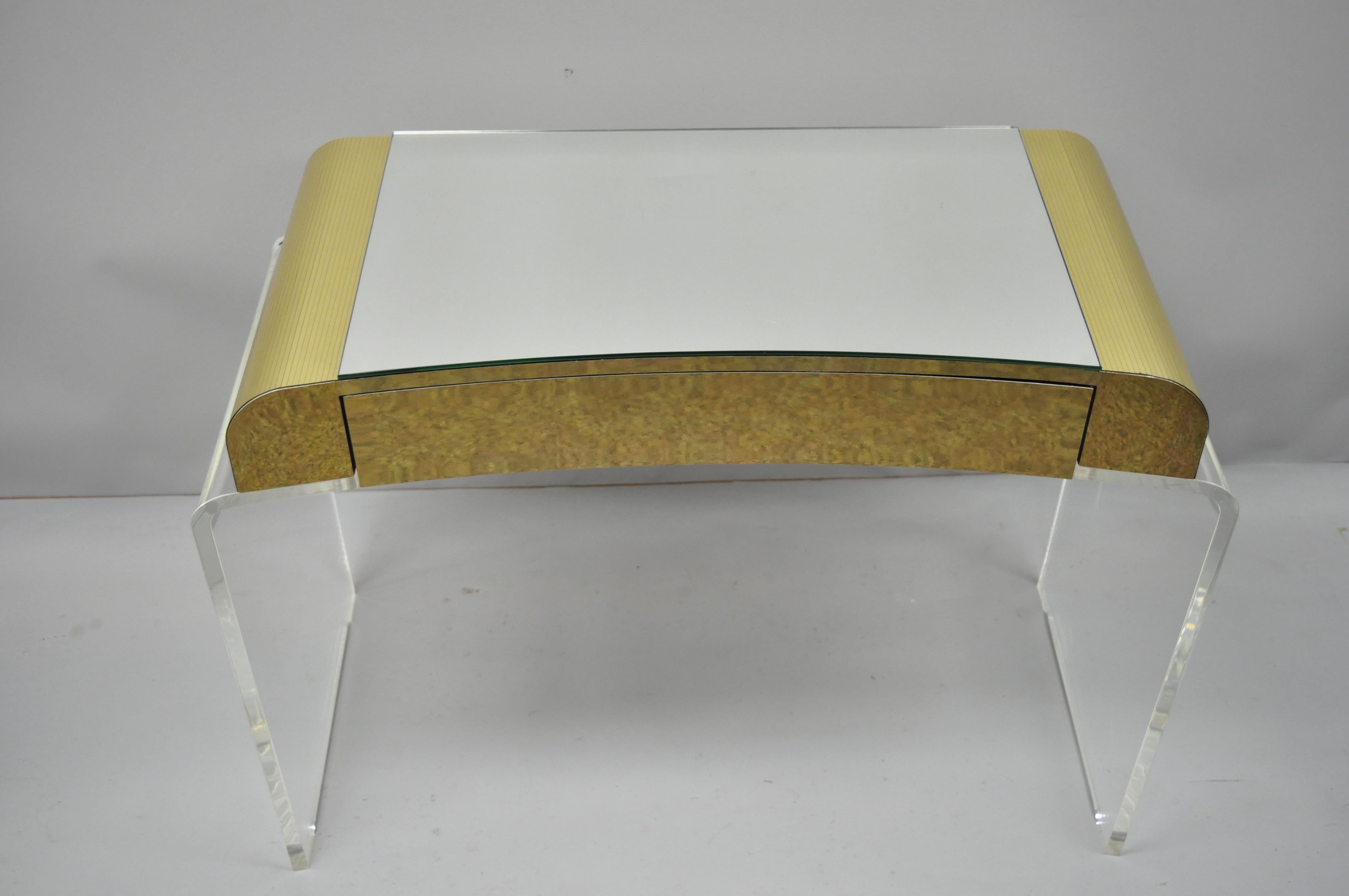 Lucite Waterfall Mirrored Vanity Table w/ Vanity Bench Brass Trim Chrome Wheels. Listing features thick clear Lucite 