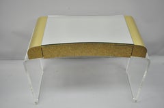 Lucite Waterfall Mirrored Vanity Table and Vanity Bench Brass Trim Chrome Wheels