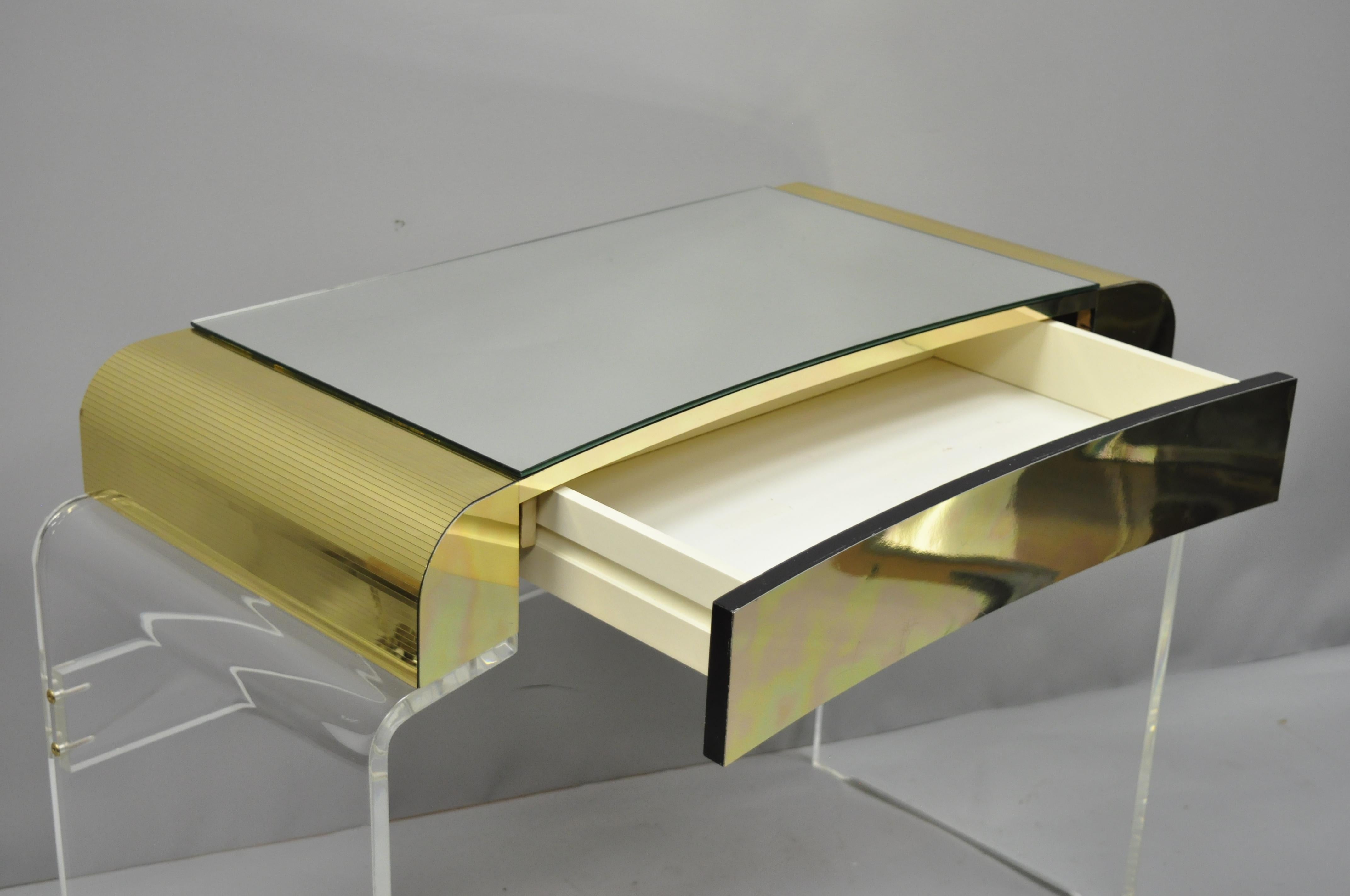 American Lucite Waterfall Mirrored Vanity Table and Vanity Bench Brass Trim Chrome Wheels