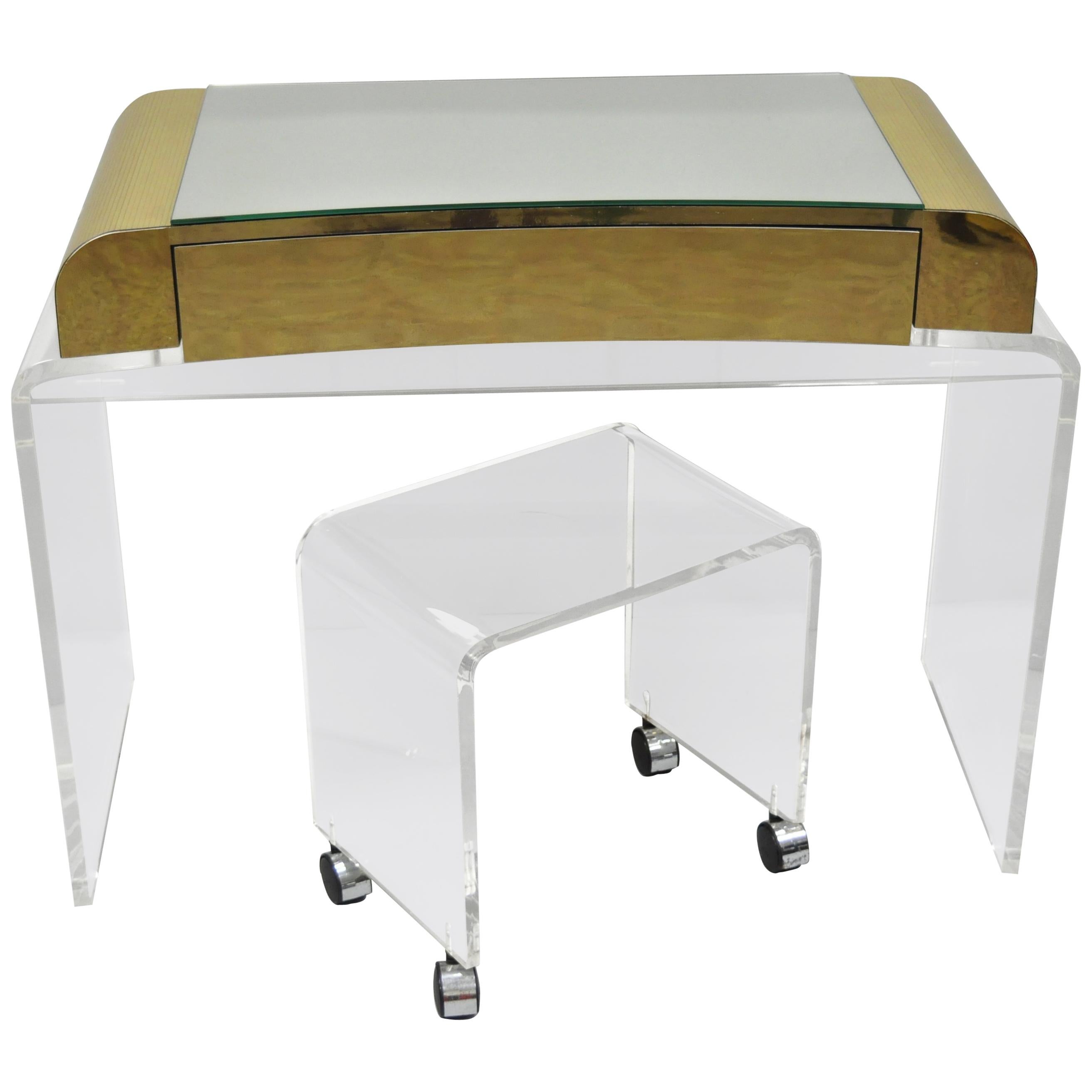 Lucite Waterfall Mirrored Vanity Table and Vanity Bench Brass Trim Chrome Wheels