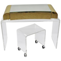 Vintage Lucite Waterfall Mirrored Vanity Table and Vanity Bench Brass Trim Chrome Wheels