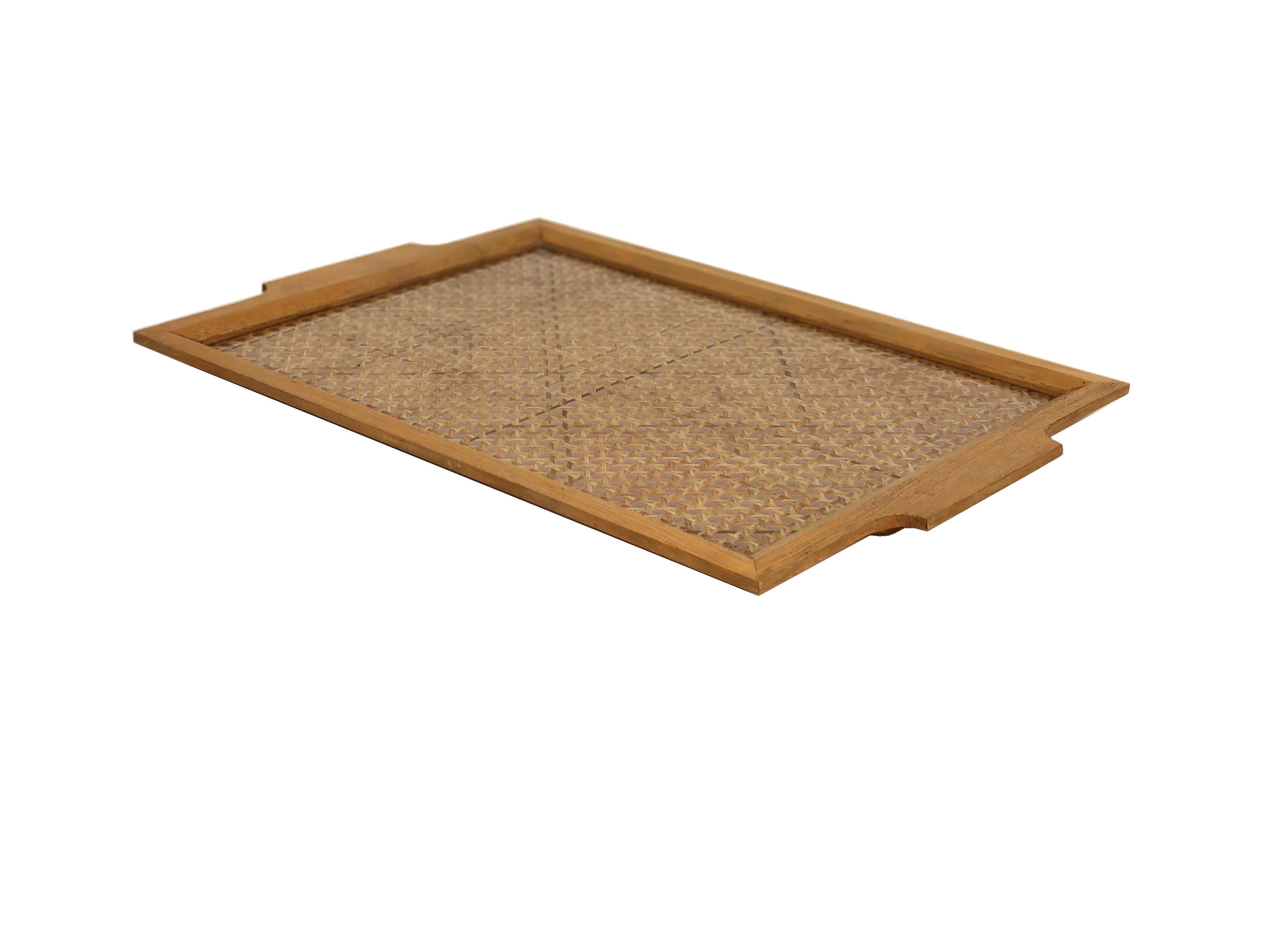 Late 20th Century Lucite, Wicker and Wood Serving Tray, Italy Mid-Century Modern Style