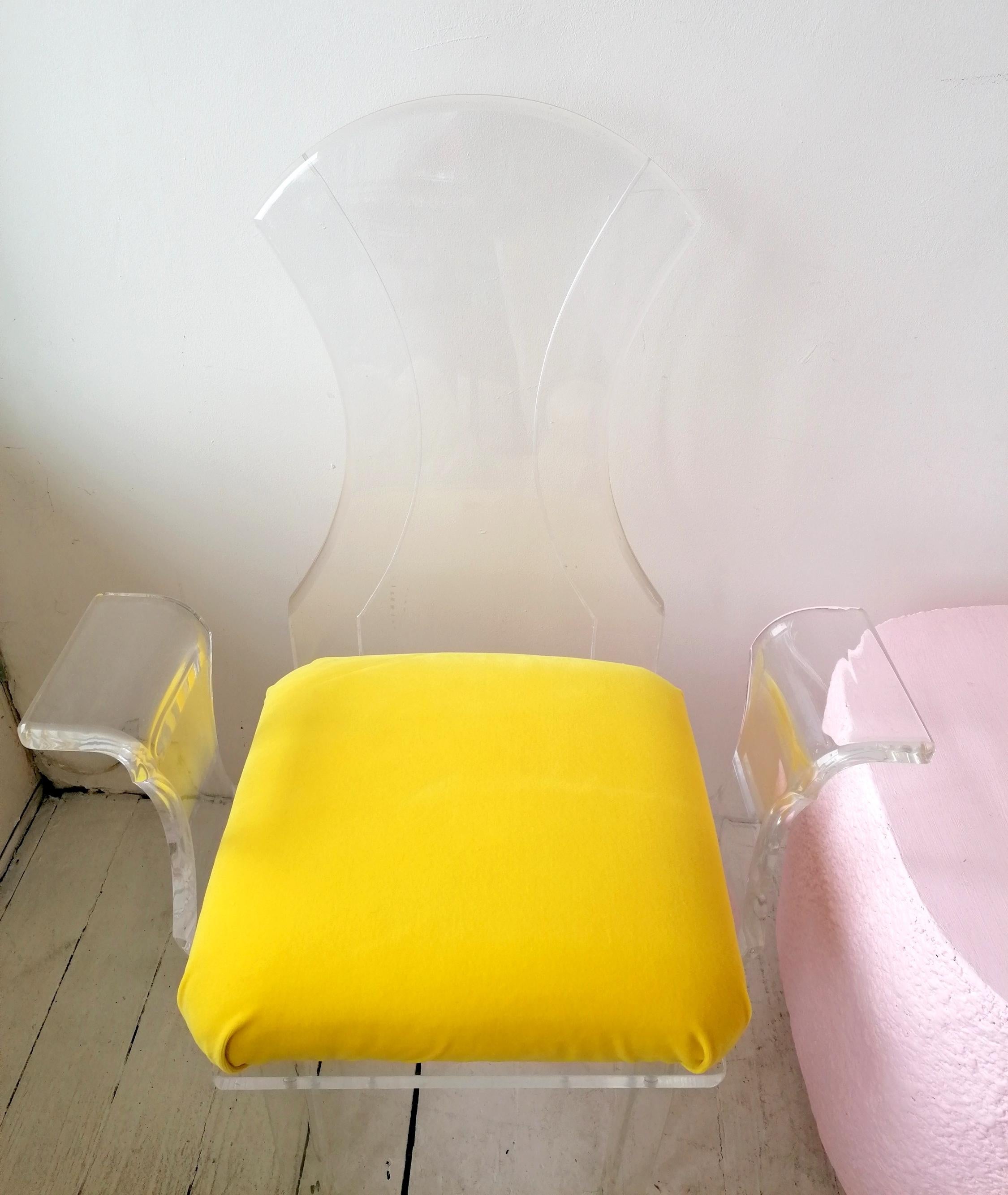 Lucite wing-arm dining or side chairs with yellow velvet seat pads, USA 1980s 2