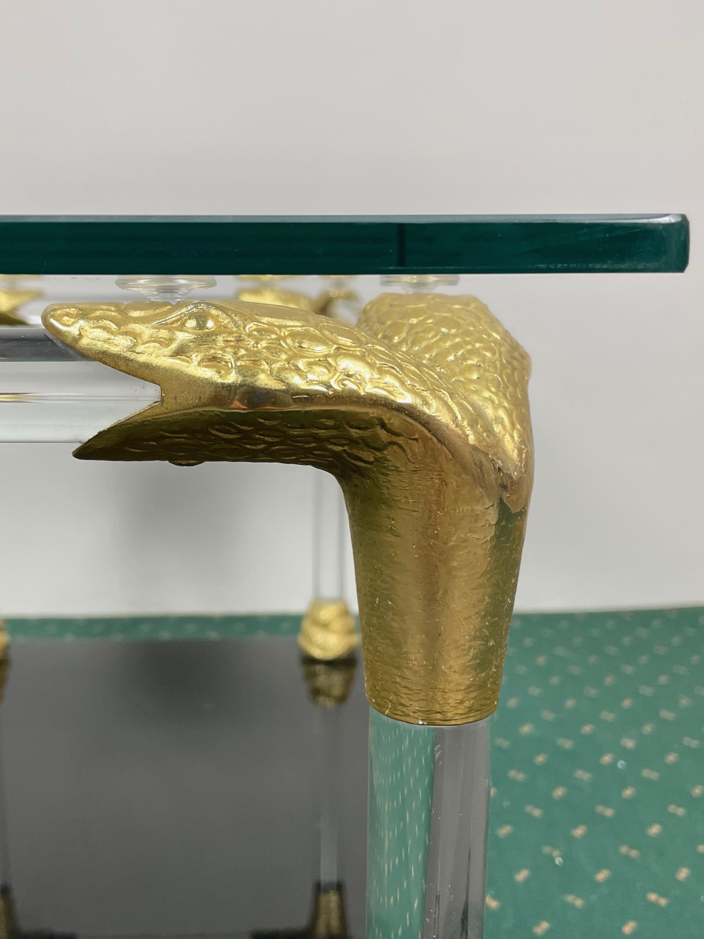 Lucite, Wood and Brass Coffee Table with Snake Head Details, Italy, 1970s For Sale 1