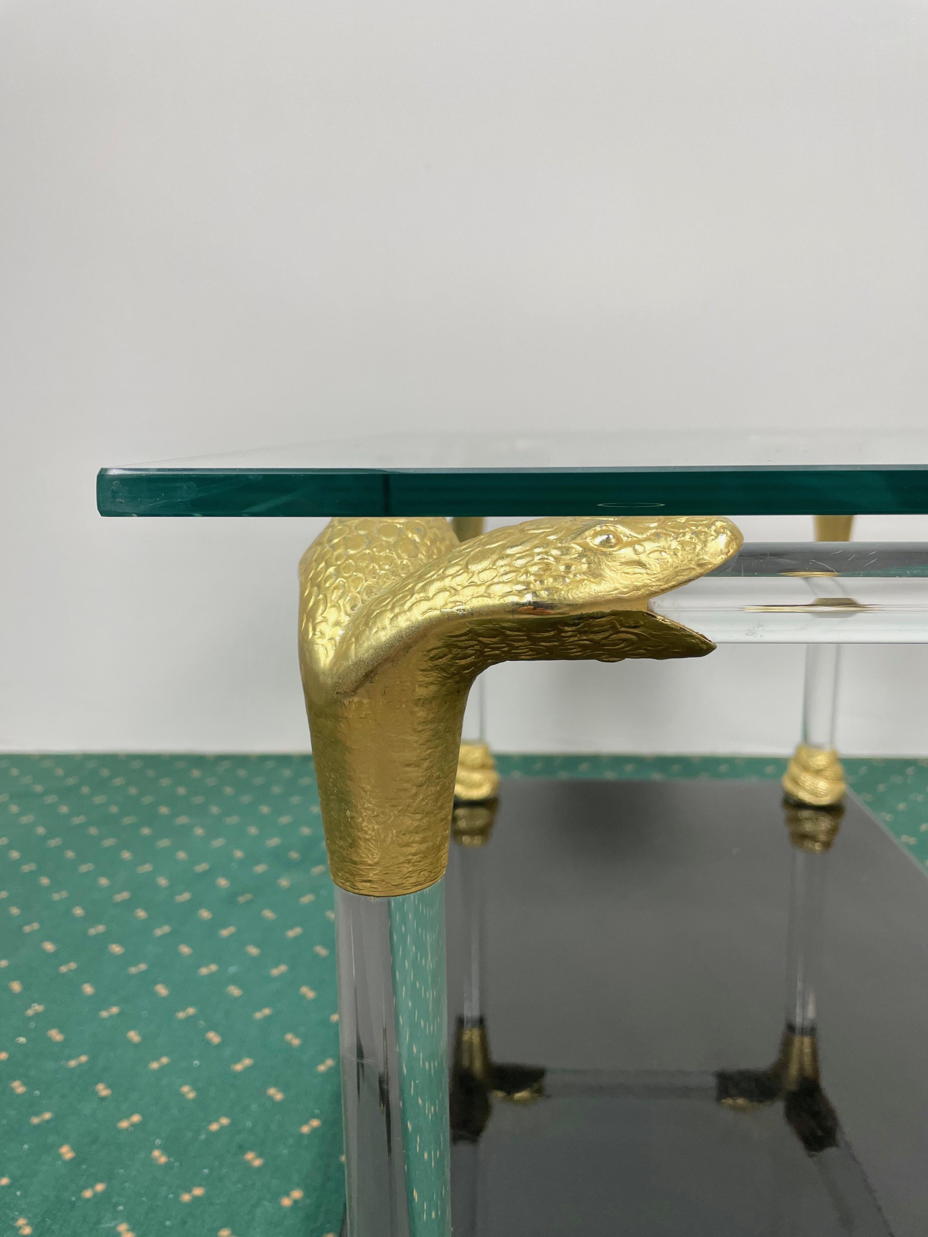Lucite, Wood and Brass Coffee Table with Snake Head Details, Italy, 1970s For Sale 2