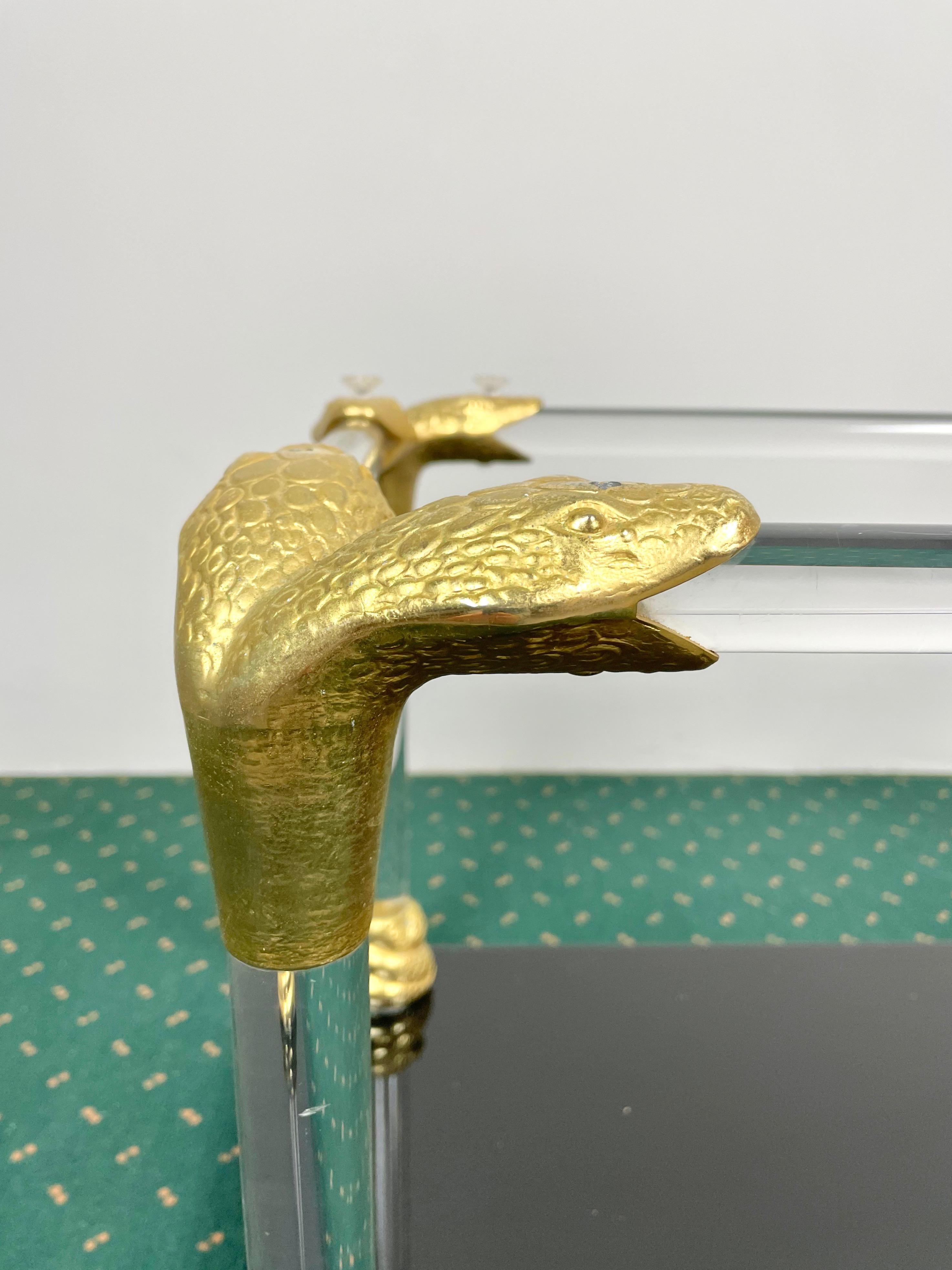 Lucite, Wood and Brass Coffee Table with Snake Head Details, Italy, 1970s For Sale 3