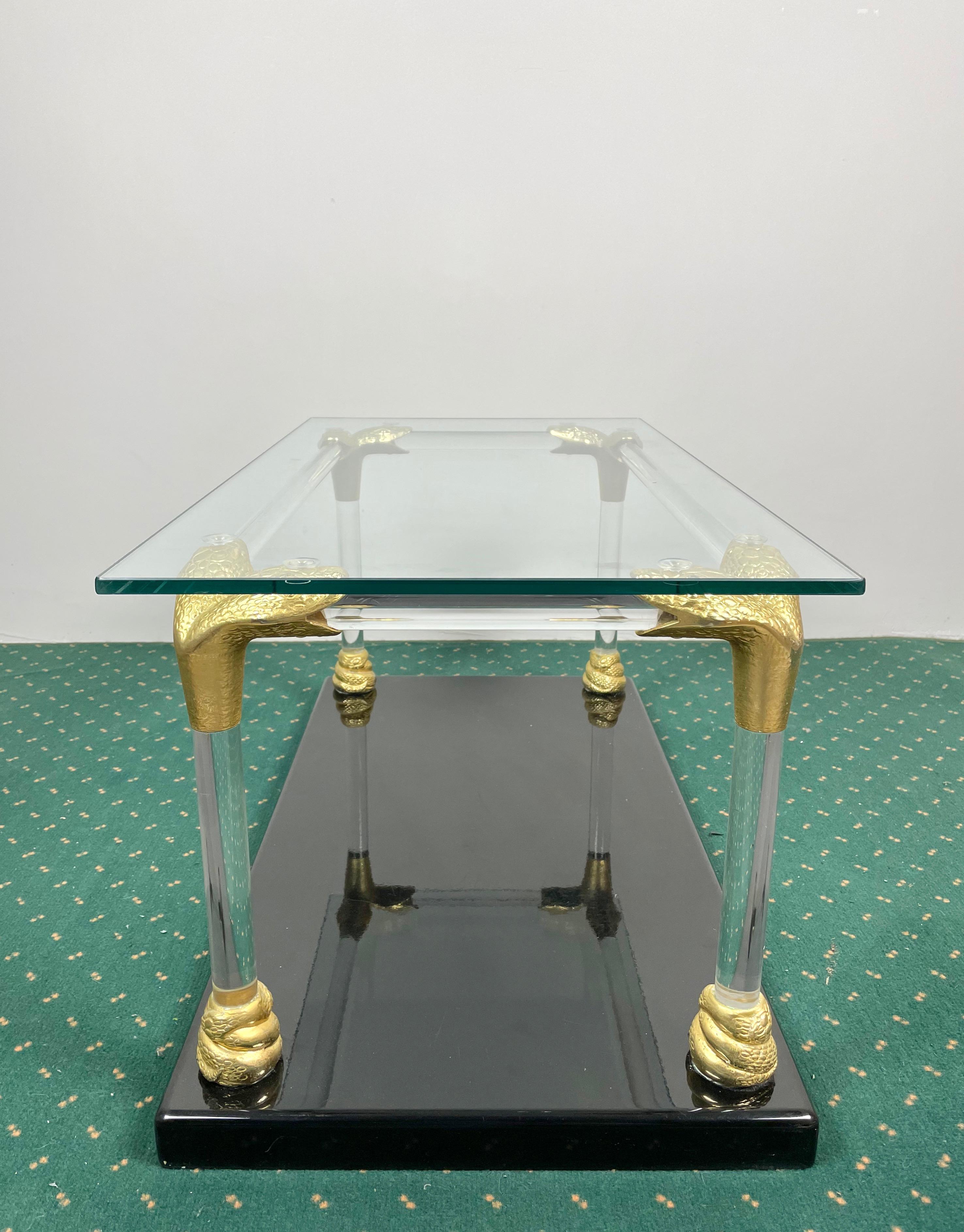 Mid-Century Modern Lucite, Wood and Brass Coffee Table with Snake Head Details, Italy, 1970s For Sale