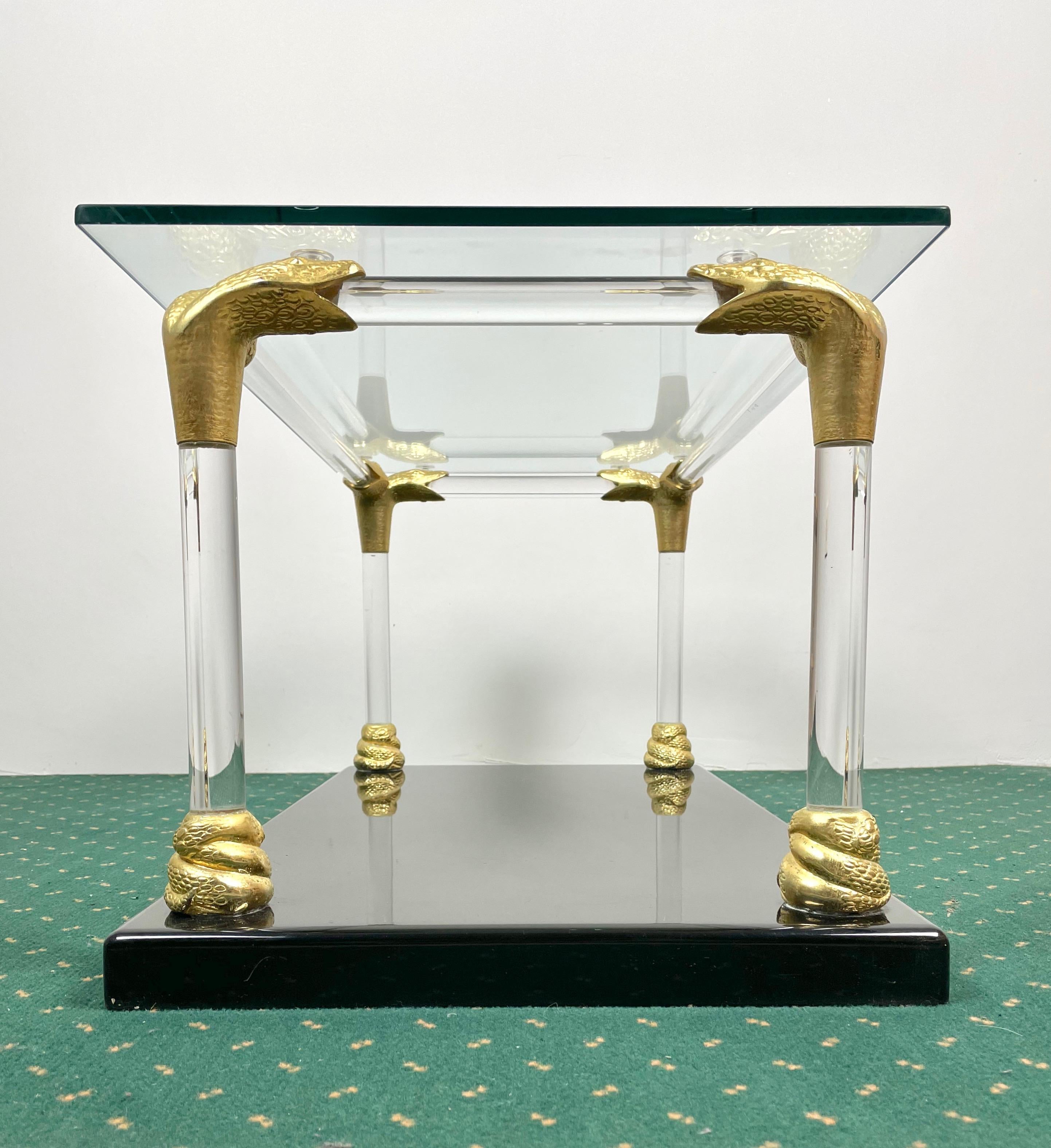 Italian Lucite, Wood and Brass Coffee Table with Snake Head Details, Italy, 1970s For Sale