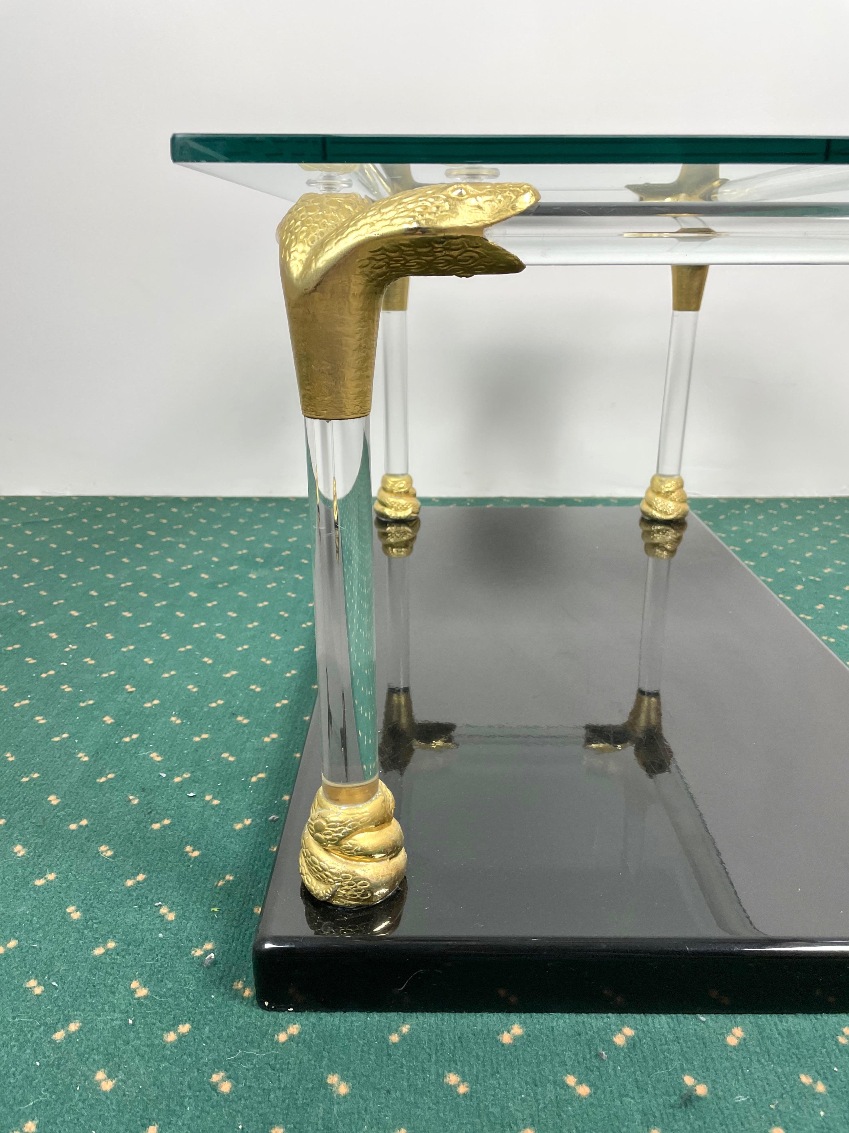 Lacquered Lucite, Wood and Brass Coffee Table with Snake Head Details, Italy, 1970s For Sale