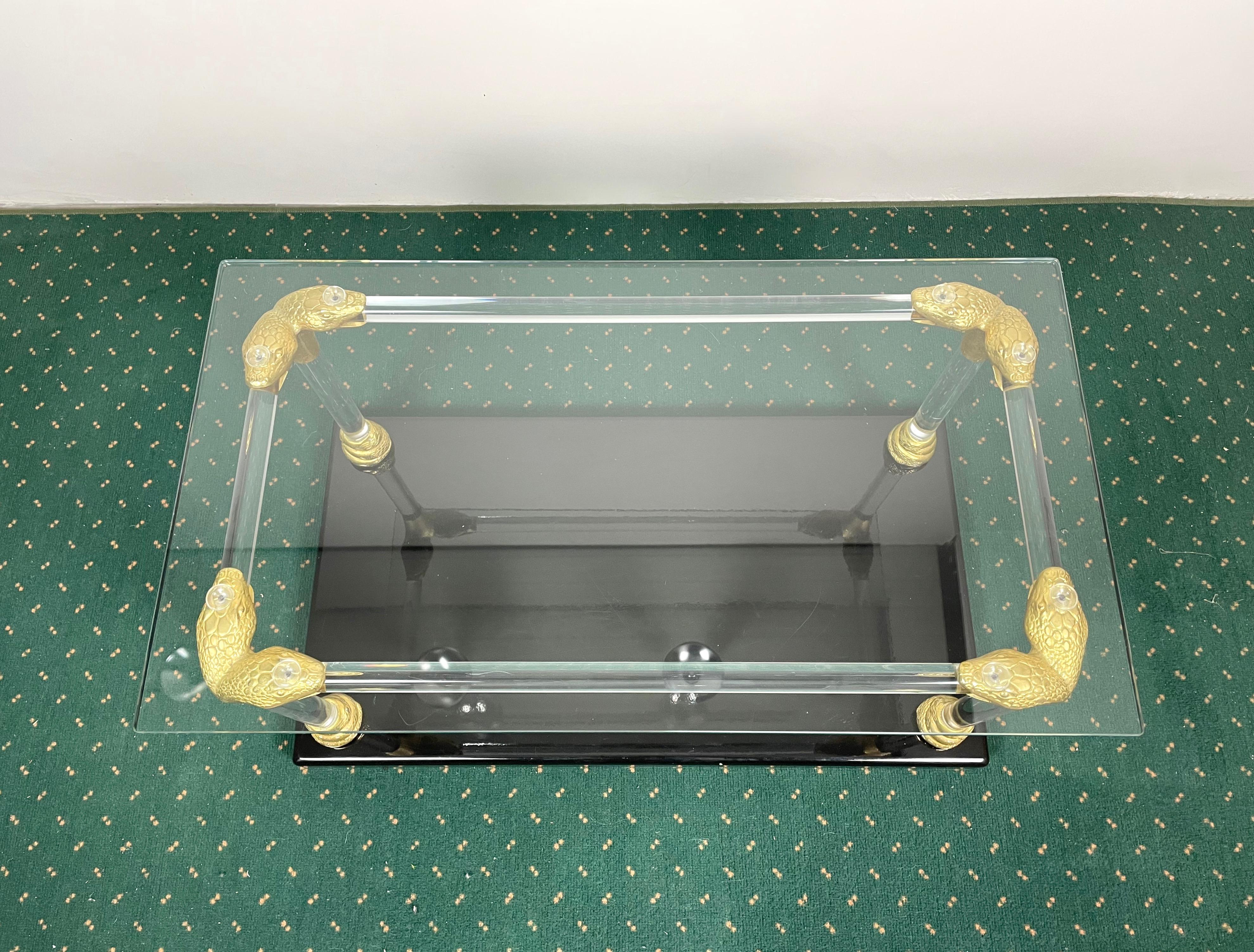 Lucite, Wood and Brass Coffee Table with Snake Head Details, Italy, 1970s In Good Condition For Sale In Rome, IT