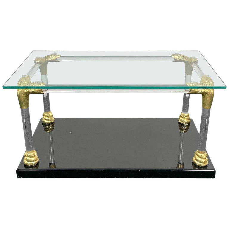 Lucite, Wood and Brass Coffee Table with Snake Head Details, Italy, 1970s  For Sale at 1stDibs