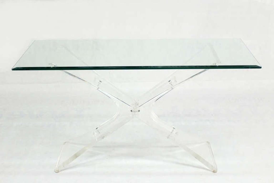 Mid-Century Modern Lucite X Shape Base Glass Top Mid Century Modern Console Sofa Table MINT ! en vente