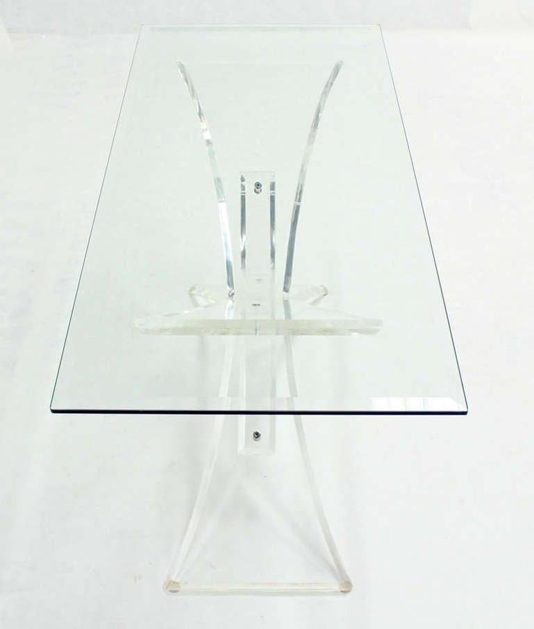 20th Century Lucite X Shape Base Glass Top Mid Century Modern Console Sofa Table MINT! For Sale