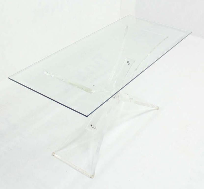 Lucite X Shape Base Glass Top Mid Century Modern Console Sofa Table MINT ! en vente 1