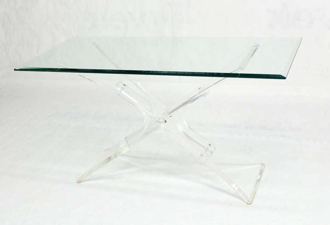 Lucite X Shape Base Glass Top Mid Century Modern Console Sofa Table MINT ! en vente 3