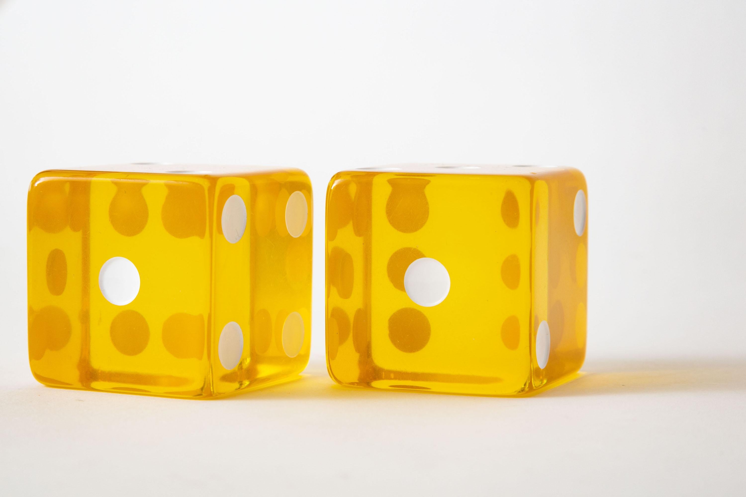Paint  Lucite Yellow and White Square Dice Sculptures Vintage Pair Of