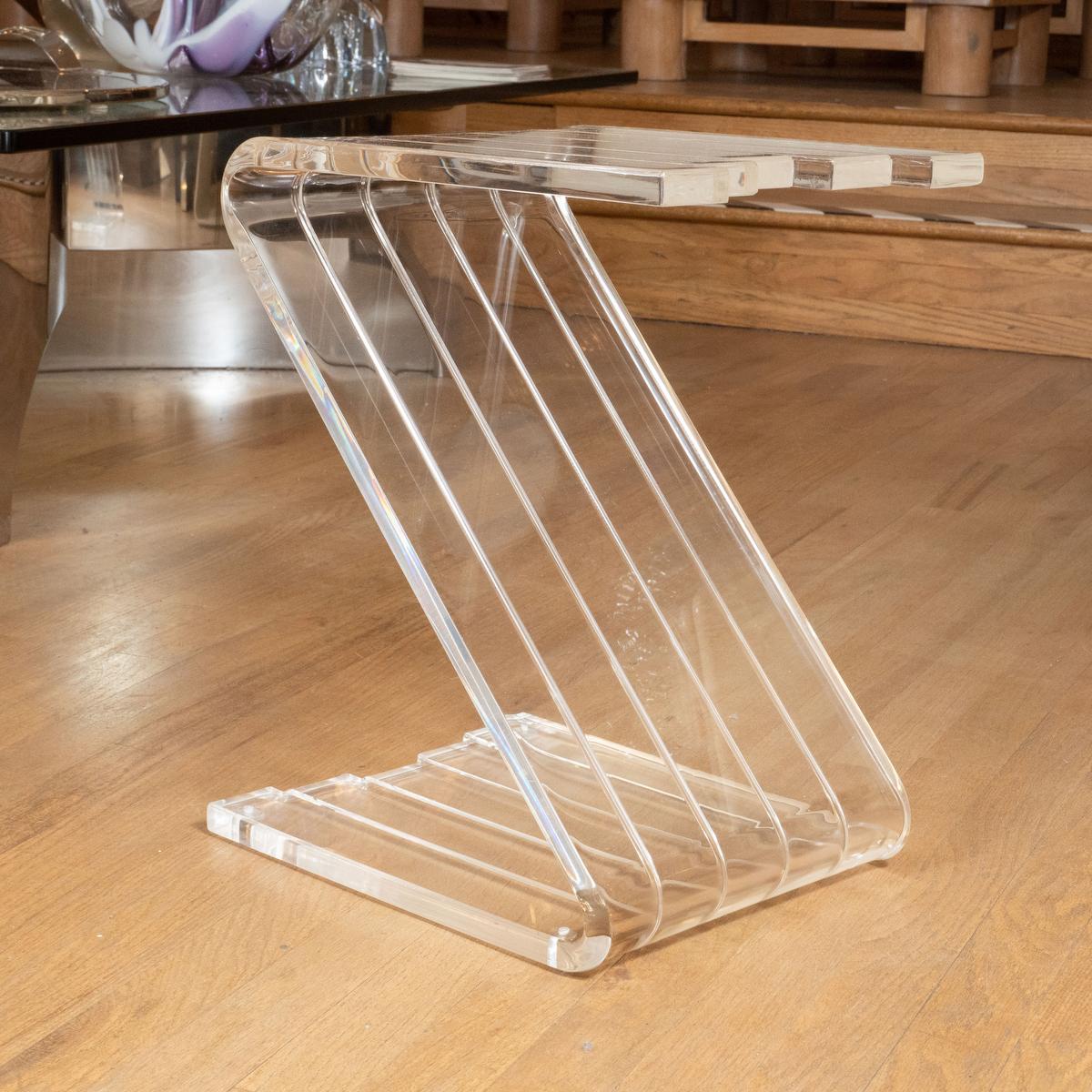 Lucite Z form cantilevered side table. 