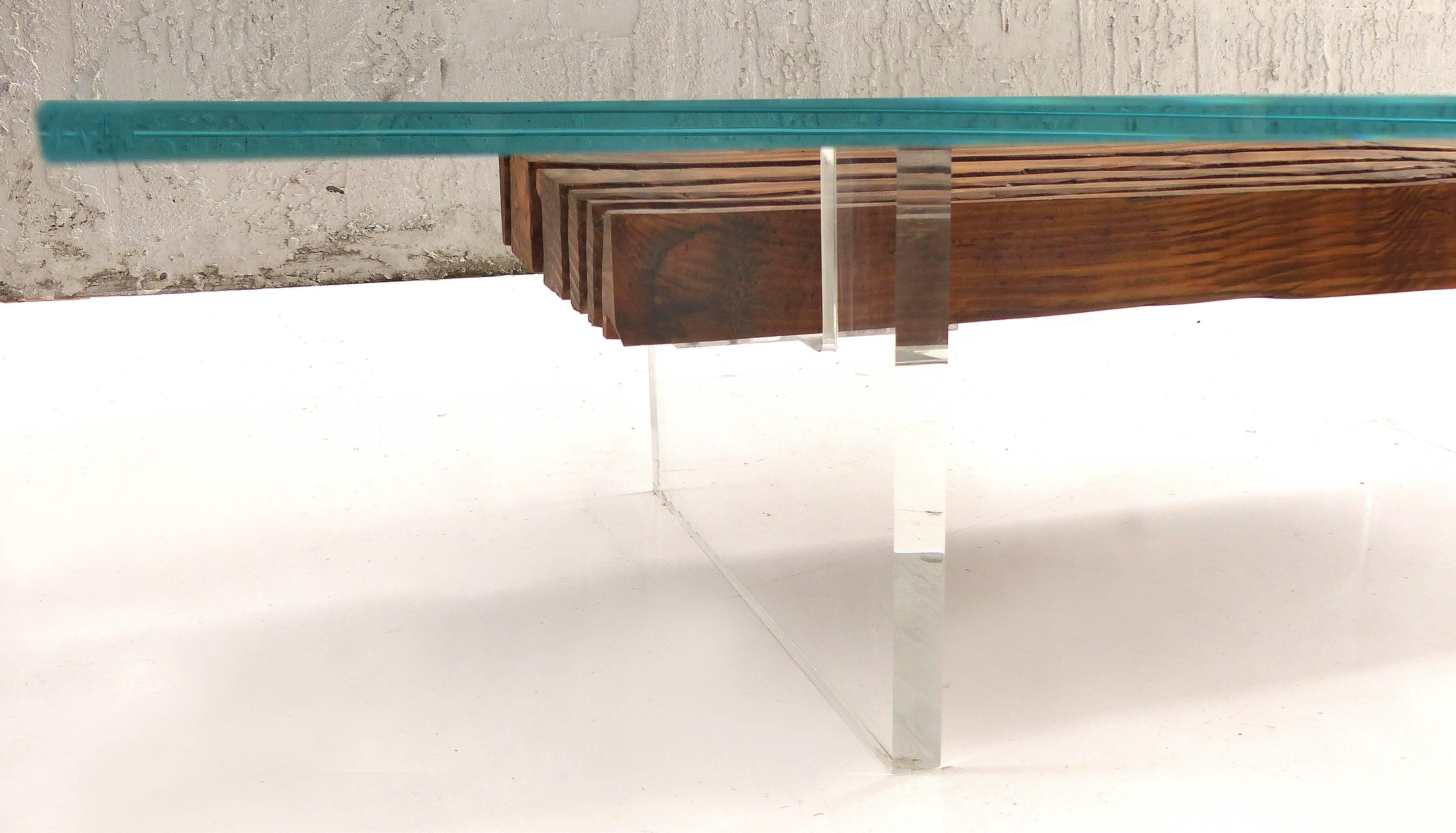 lucite and wood coffee table