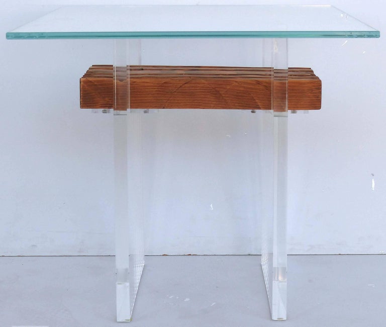 Lucite, Wood and Glass Side Table For Sale at 1stDibs