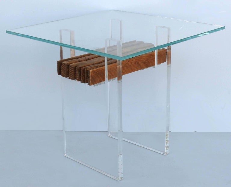 Lucite, Wood and Glass Side Table For Sale at 1stDibs