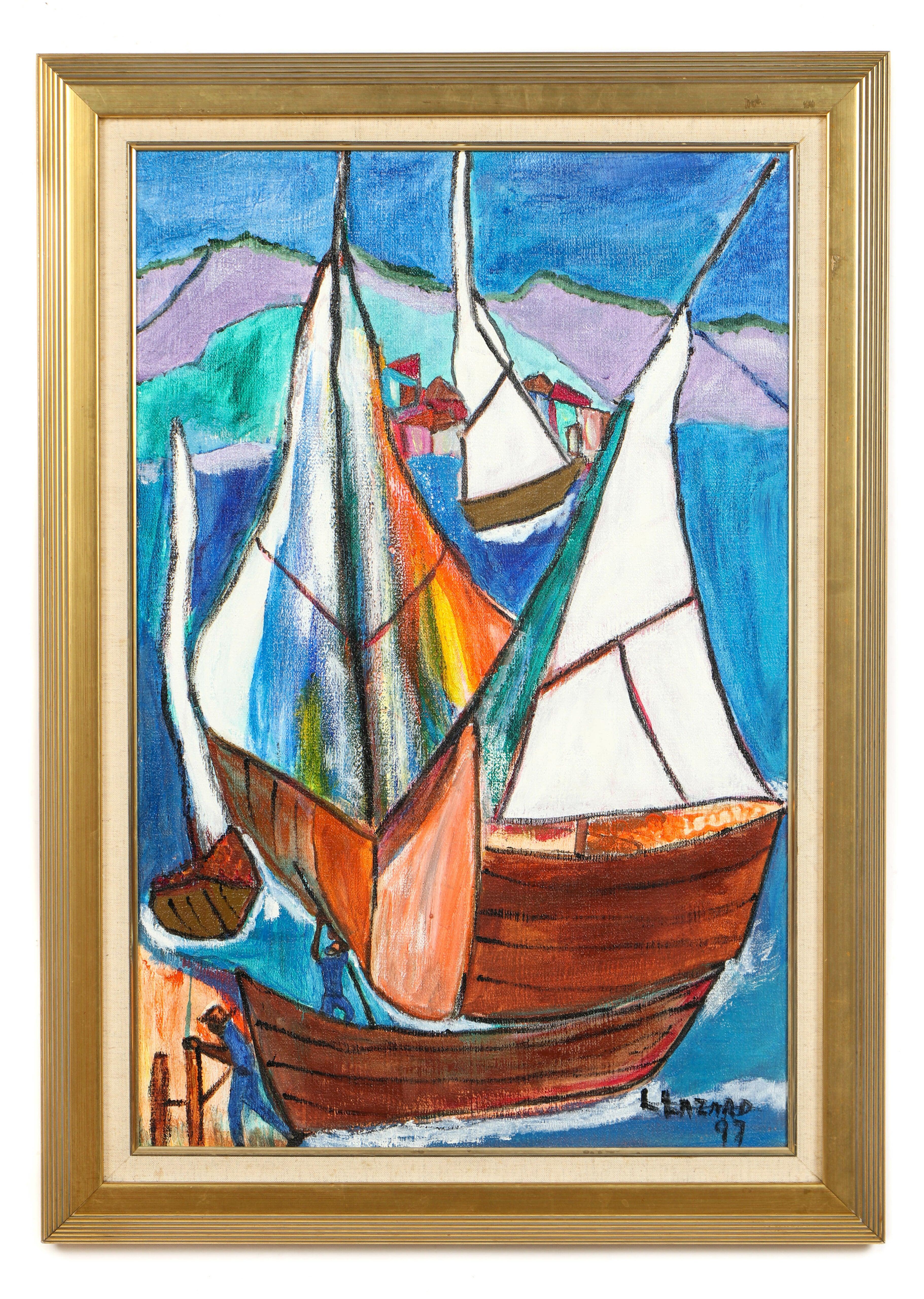 Luckner Lazard (Haitian, 1928-1998) Landscape Painting - Marine & Boats  Original Haitian Acrylic Painting Framed