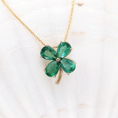 Lucky 2.12ct Emerald 4 Leaf Clover Pendant in Solid 14K Yellow Gold
