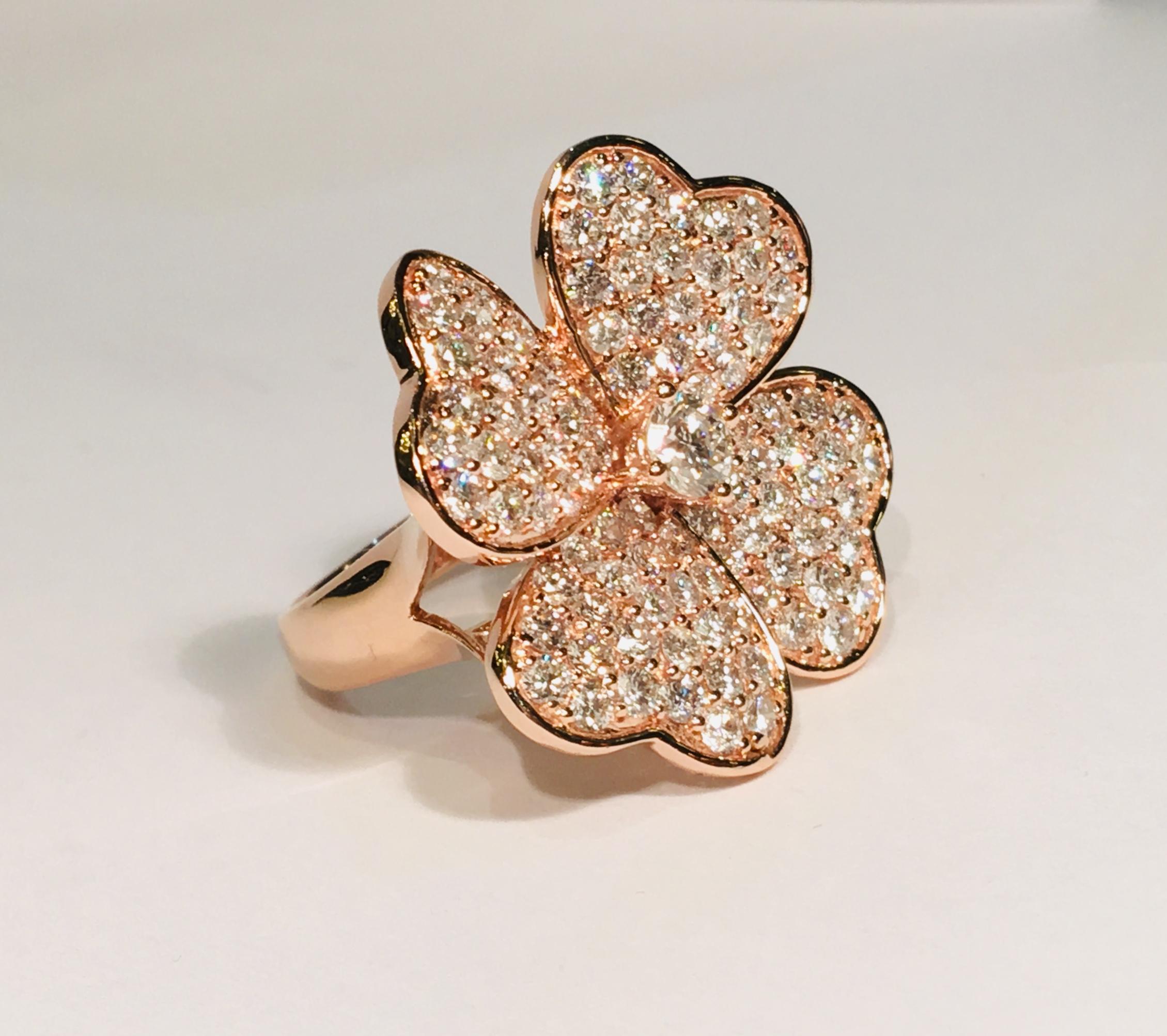 Contemporary Lucky 4 Leaf Clover 3.33 Carat Diamond Large Shamrock Stunning Rose Gold Ring