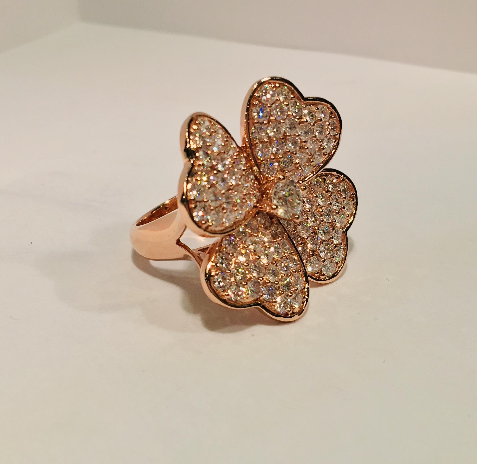 Round Cut Lucky 4 Leaf Clover 3.33 Carat Diamond Large Shamrock Stunning Rose Gold Ring