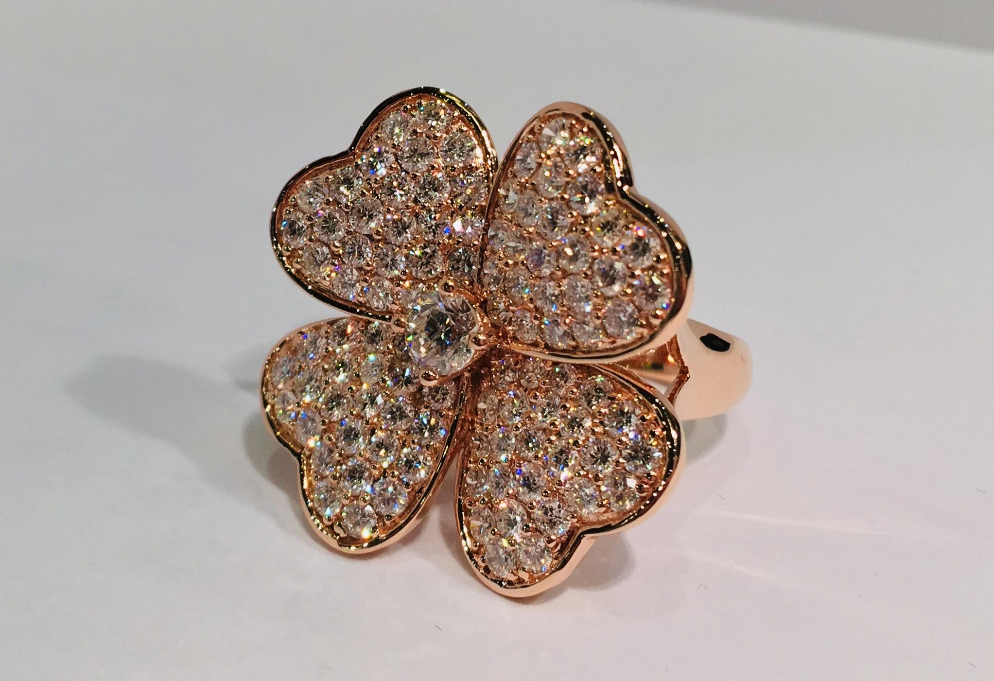 Women's Lucky 4 Leaf Clover 3.33 Carat Diamond Large Shamrock Stunning Rose Gold Ring