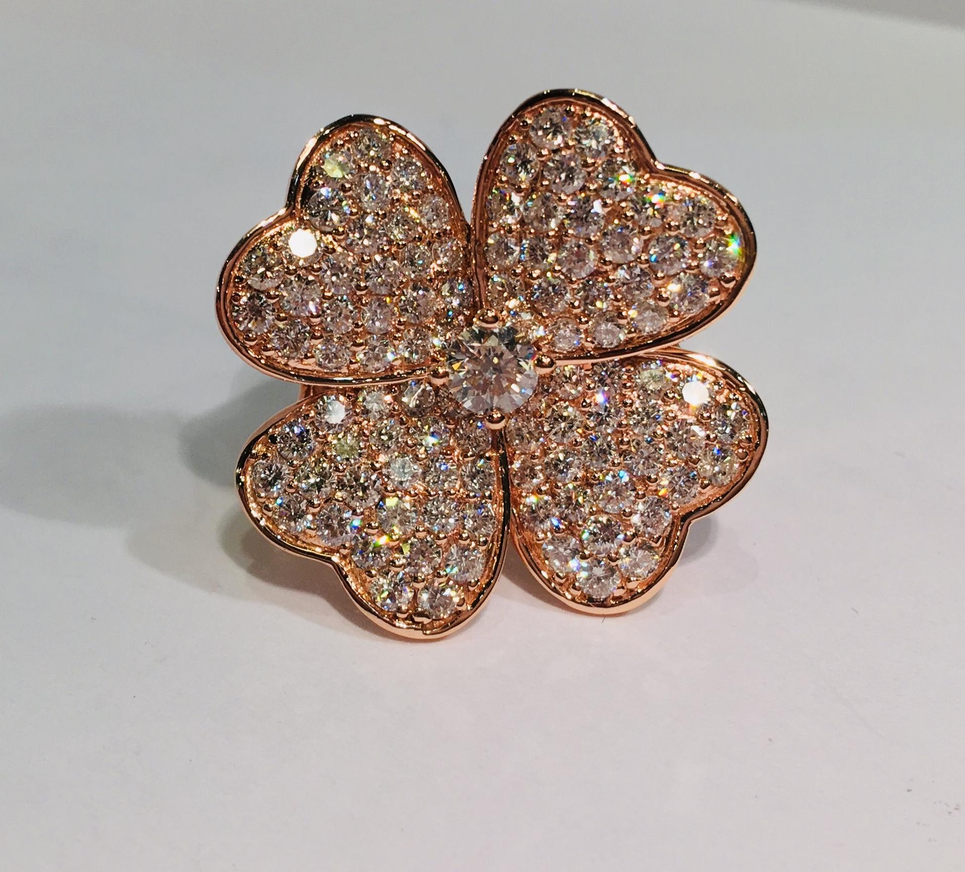 Lucky 4 Leaf Clover 3.33 Carat Diamond Large Shamrock Stunning Rose Gold Ring 1