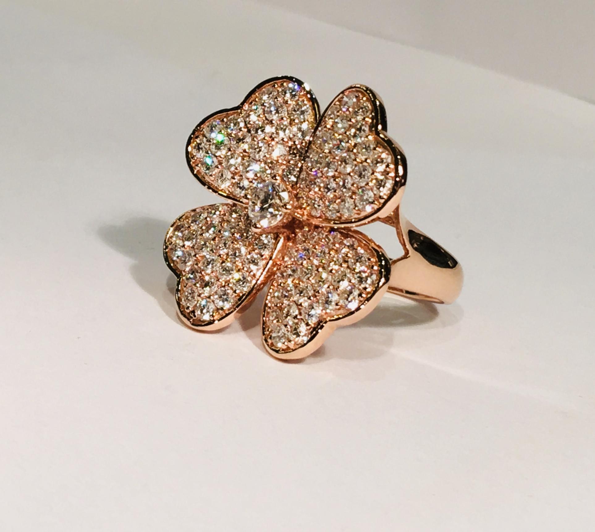 Lucky 4 Leaf Clover 3.33 Carat Diamond Large Shamrock Stunning Rose Gold Ring 2