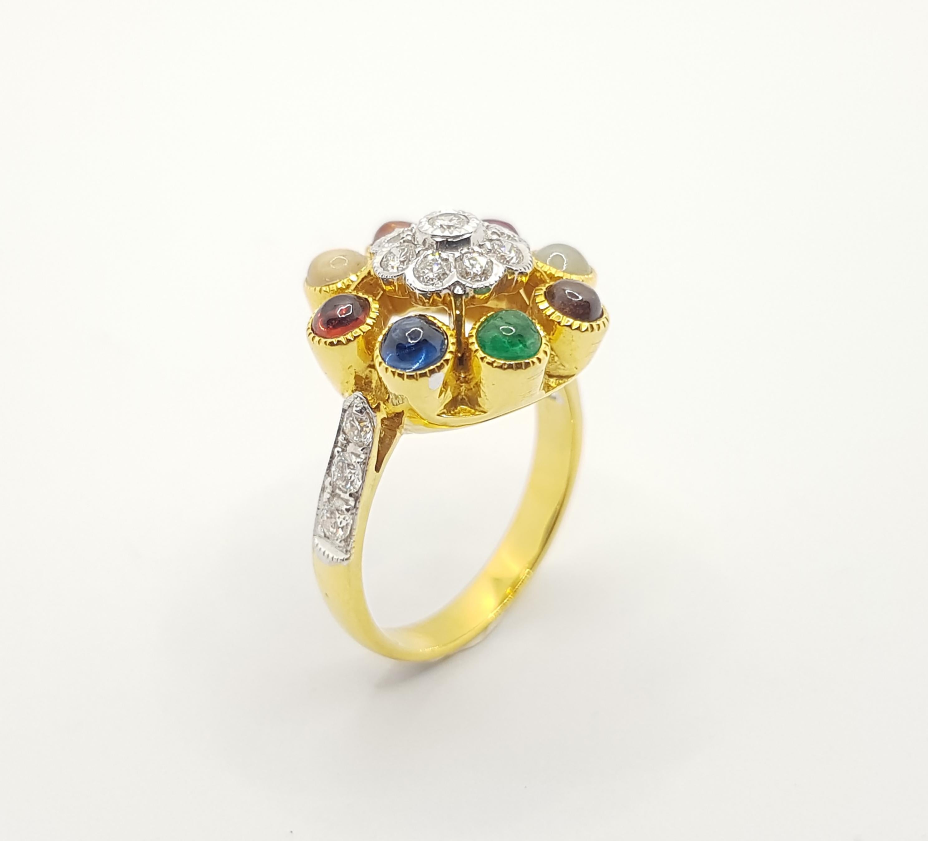 Lucky 9-Gemstone Ring Set in 18 Karat Gold Settings For Sale 1