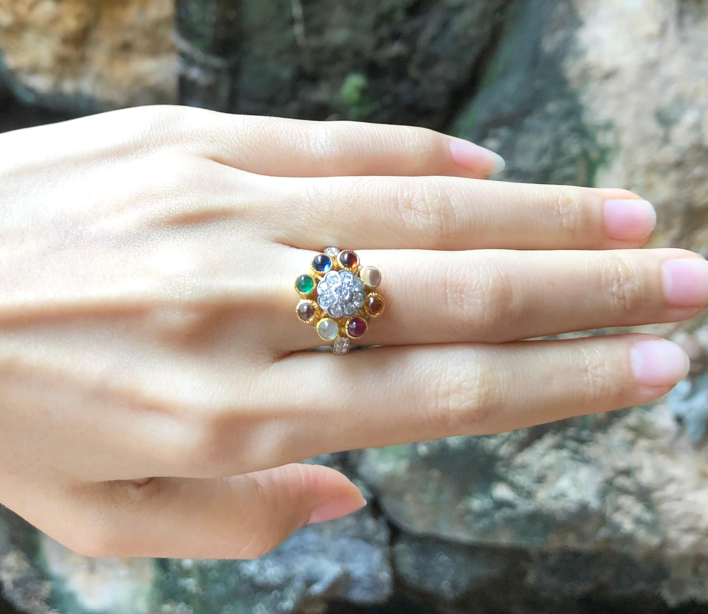 9-Gems (Ruby, Blue Sapphire, Emerald, Yellow Sapphire, Cat's Eye, Zircon, Moon Stone, Garnet) 1.95 carats with Diamond 0.48 carat Ring set in 18 Karat Gold Settings

In the ancient time in Thailand, 9-gemstone jewelry is awarded to the General who