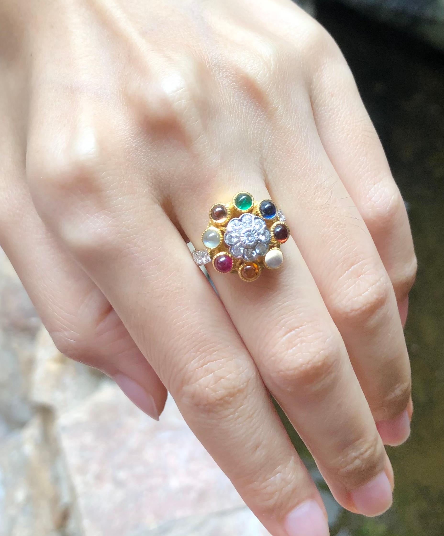 Contemporary Lucky 9-Gemstone Ring Set in 18 Karat Gold Settings For Sale