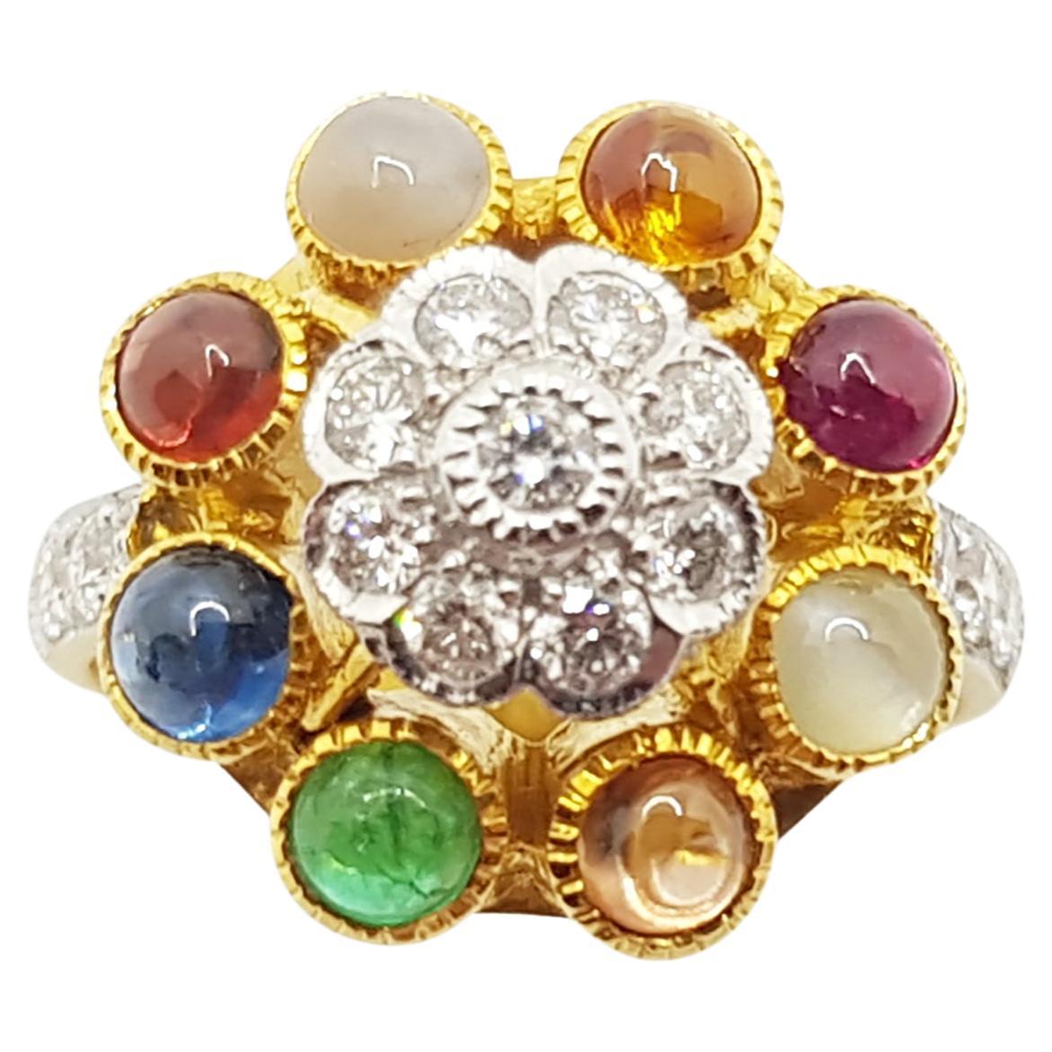 Lucky 9-Gemstone Ring Set in 18 Karat Gold Settings For Sale