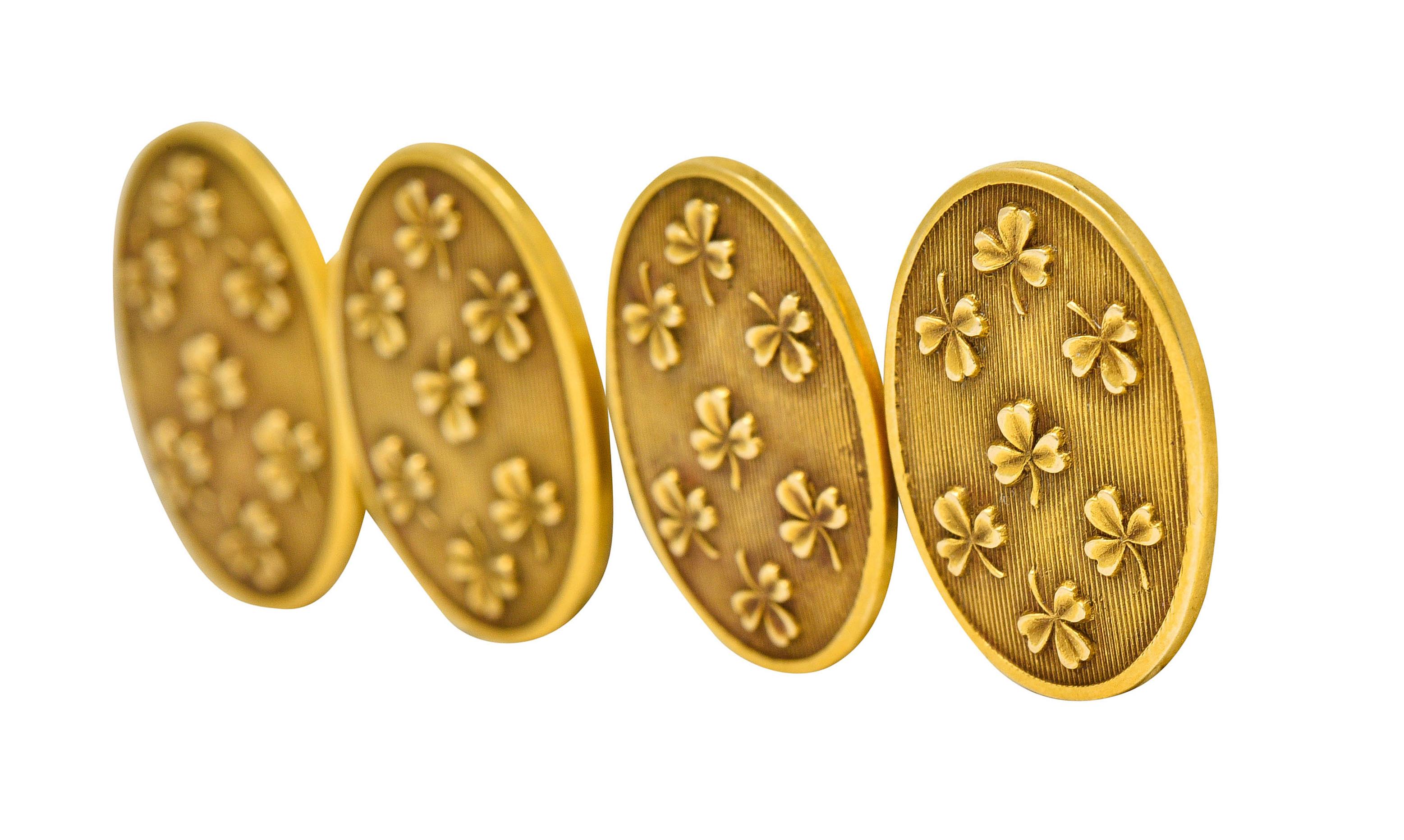 Women's or Men's Lucky Art Nouveau 14 Karat Gold Men's Clover Cufflinks