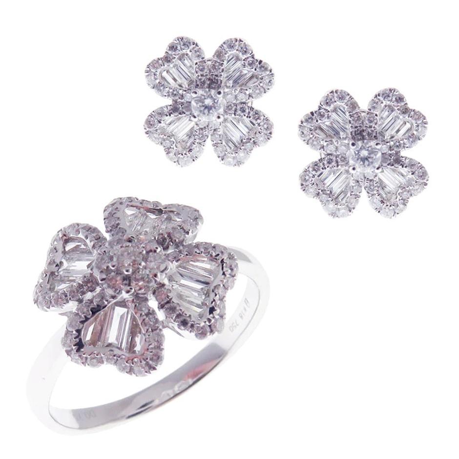 Lucky Baguette Clover Diamond Earring Ring Set In New Condition For Sale In Los Angeles, CA