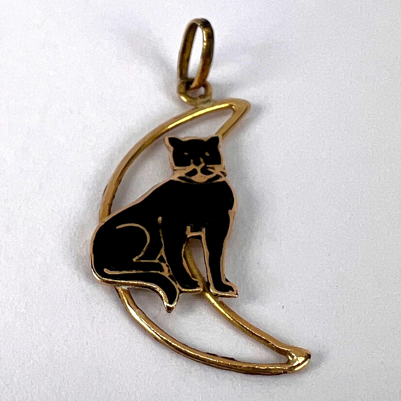 Lucky Black Cat in Crescent Moon 18K Yellow Gold Enamel Charm Pendant For Sale 2