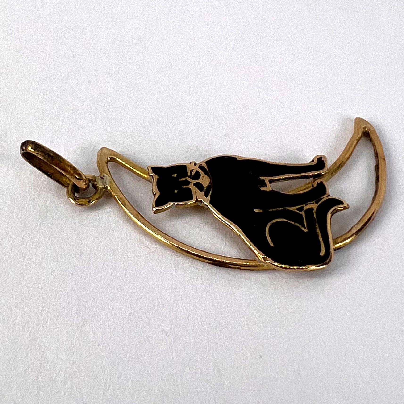 Lucky Black Cat in Crescent Moon 18K Yellow Gold Enamel Charm Pendant For Sale 3