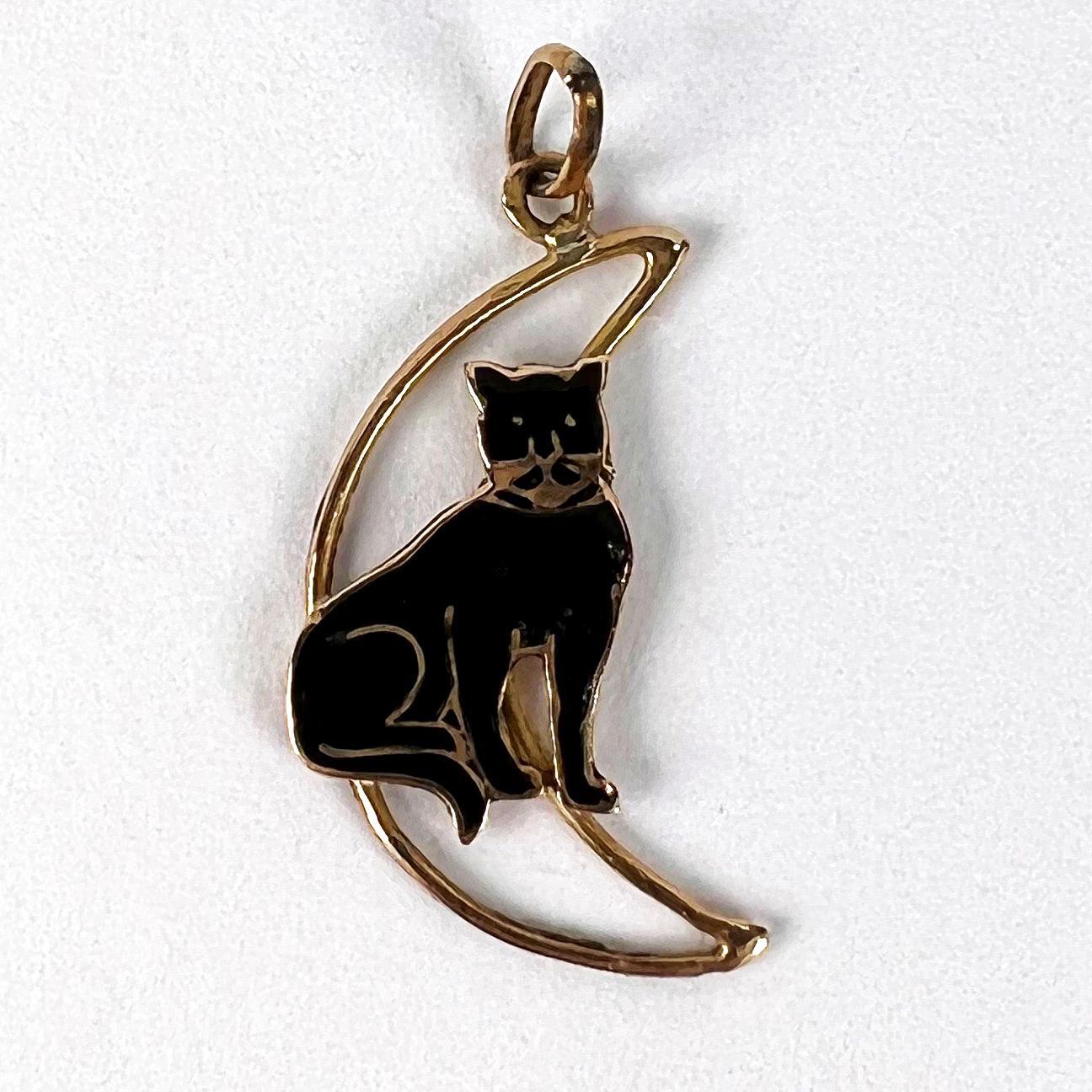 Lucky Black Cat in Crescent Moon 18K Yellow Gold Enamel Charm Pendant For Sale 1